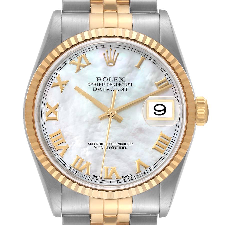 Rolex Datejust Steel Yellow Gold Mother of Pearl Roman Dial Mens Watch 16233 SwissWatchExpo