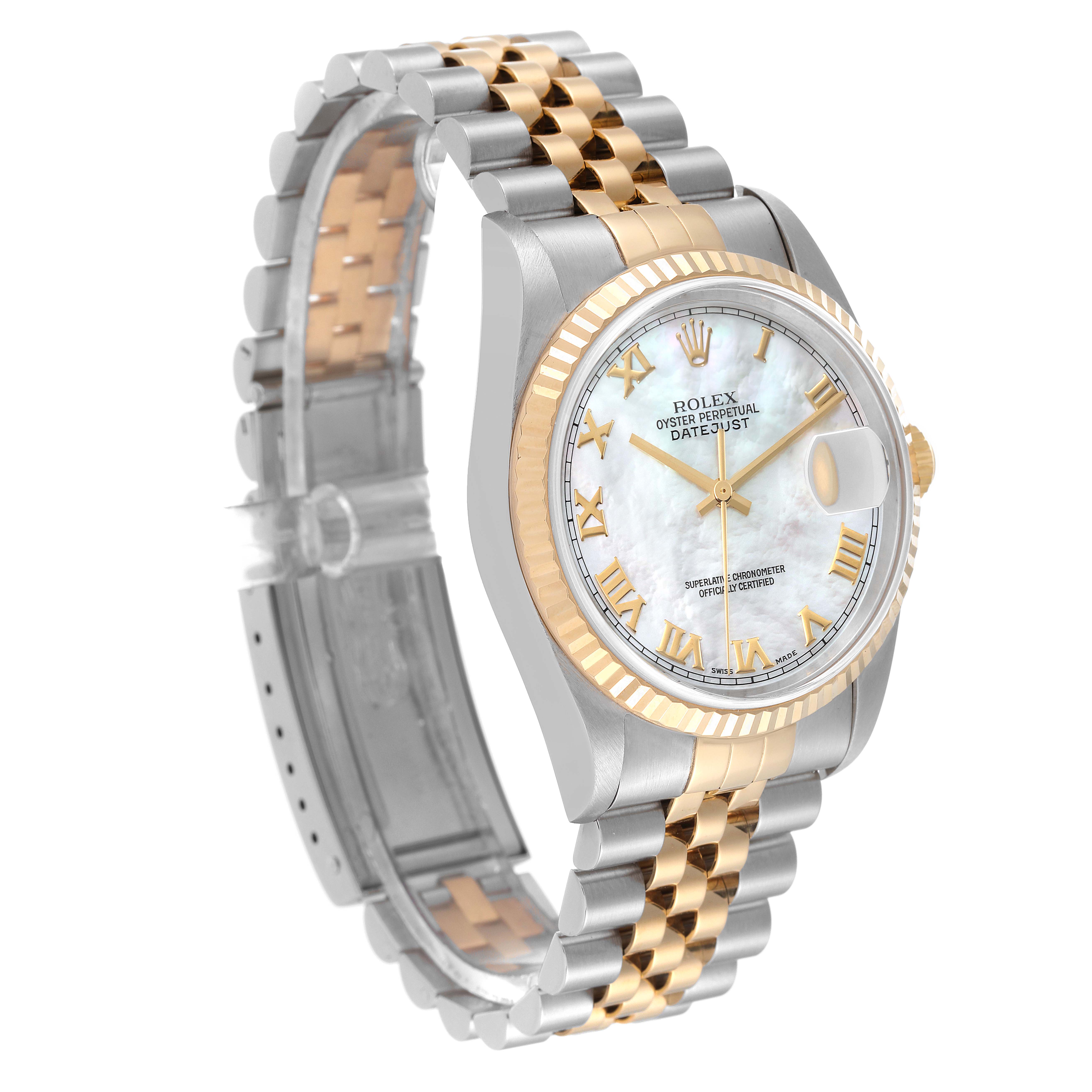 The image shows a Rolex Datejust 16233 Men's Steel and Gold (two tone) Mother of Pearl Dial 16233 Men's Steel and Gold (two tone) Mother of Pearl Dial watch from an angled perspective, showcasing its dial, bezel, and bracelet.