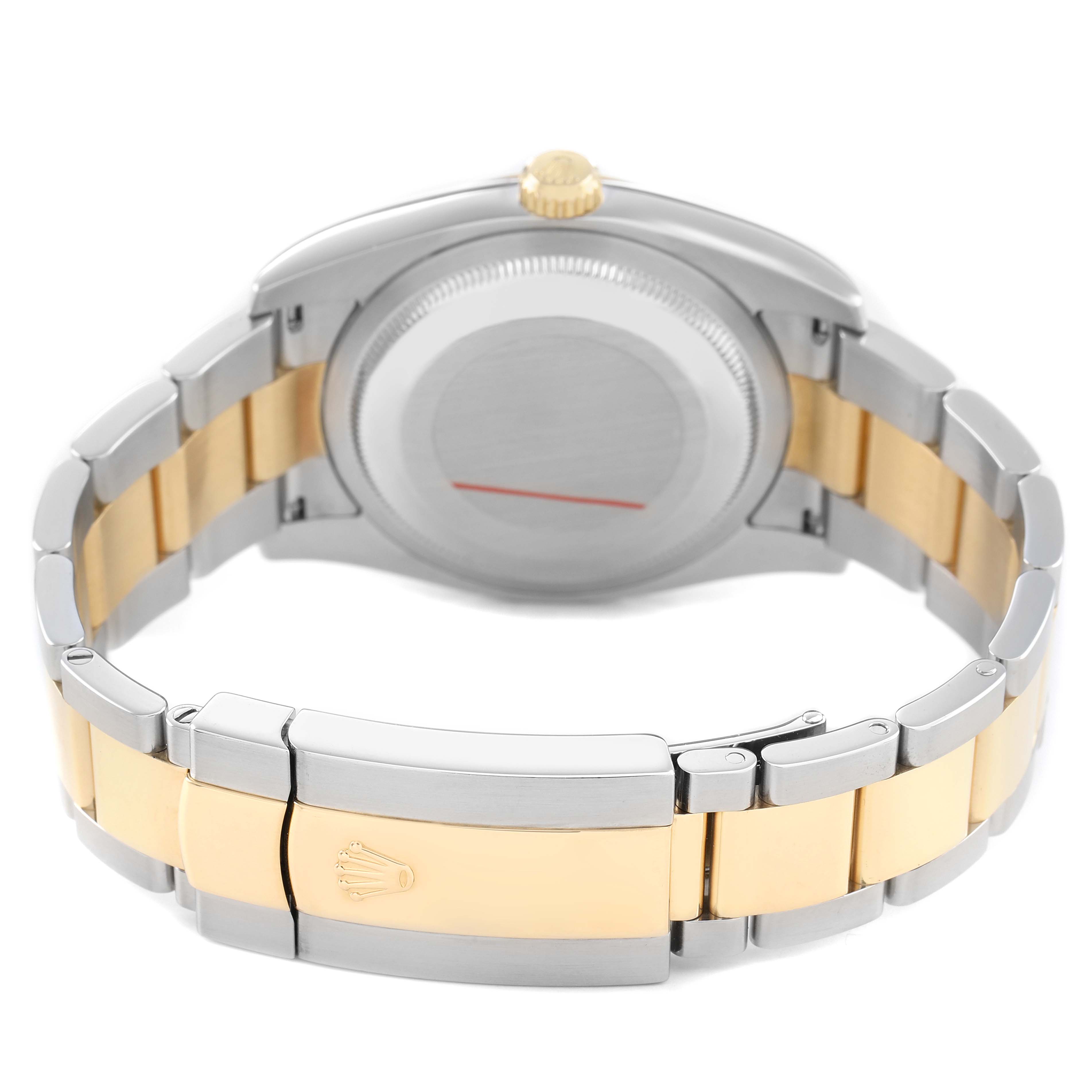 The image shows the back view of a Rolex Datejust 116203 Men's Steel and Gold (two tone) Mother of Pearl Dial, highlighting the clasp and the gold and silver bracelet.