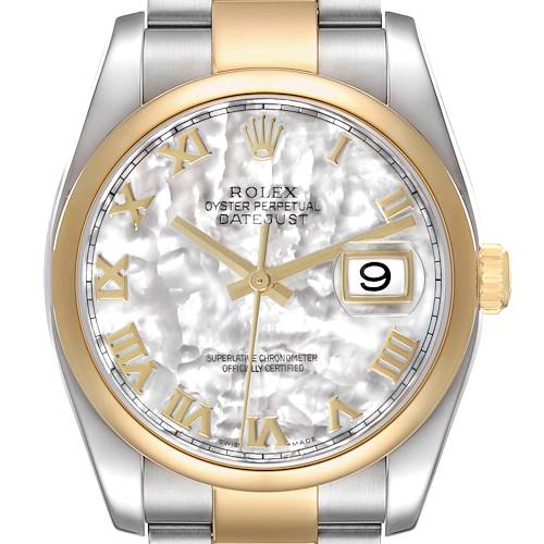 The Rolex Datejust 116203 Men's Steel and Gold (two tone) Mother of Pearl Dial watch is shown from the front, highlighting its dial, bezel, and part of the bracelet.