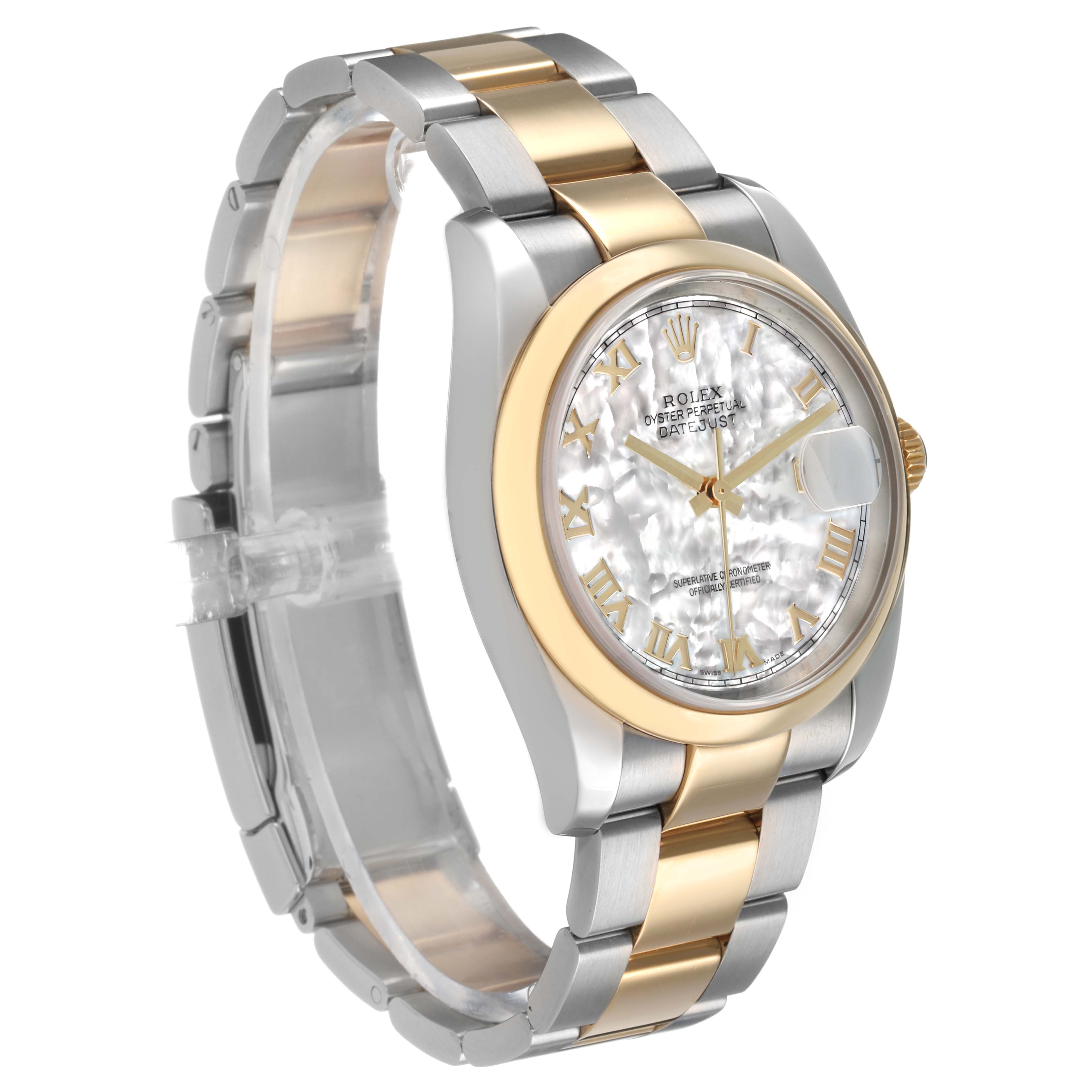 The Rolex Datejust 116203 Men's Steel and Gold (two tone) Mother of Pearl Dial watch is shown at a three-quarter angle, displaying the dial, bezel, bracelet, and crown.