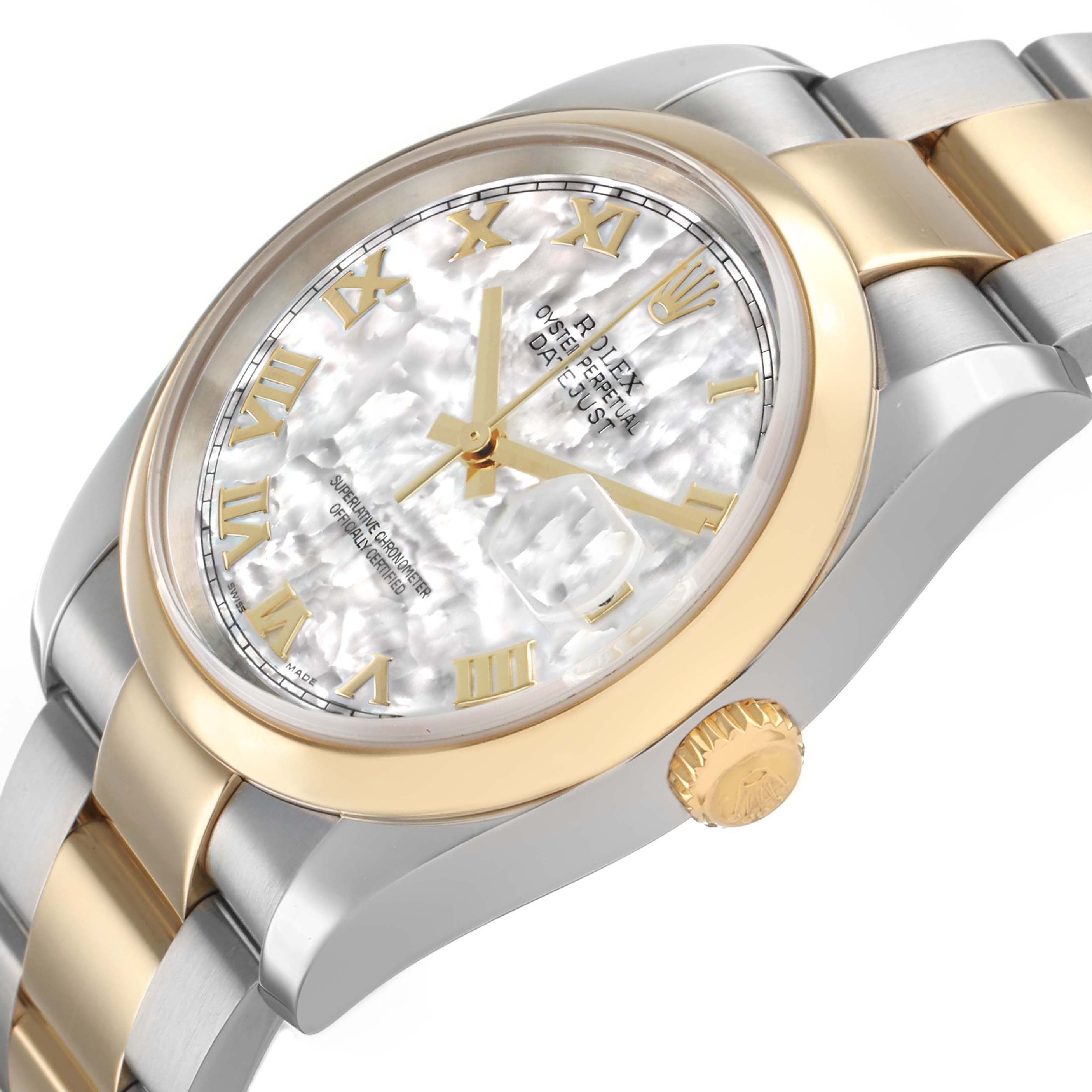 The image shows a side angle of the Rolex Datejust 116203 Men's Steel and Gold (two tone) Mother of Pearl Dial, highlighting the dial, bezel, crown, and part of the bracelet.