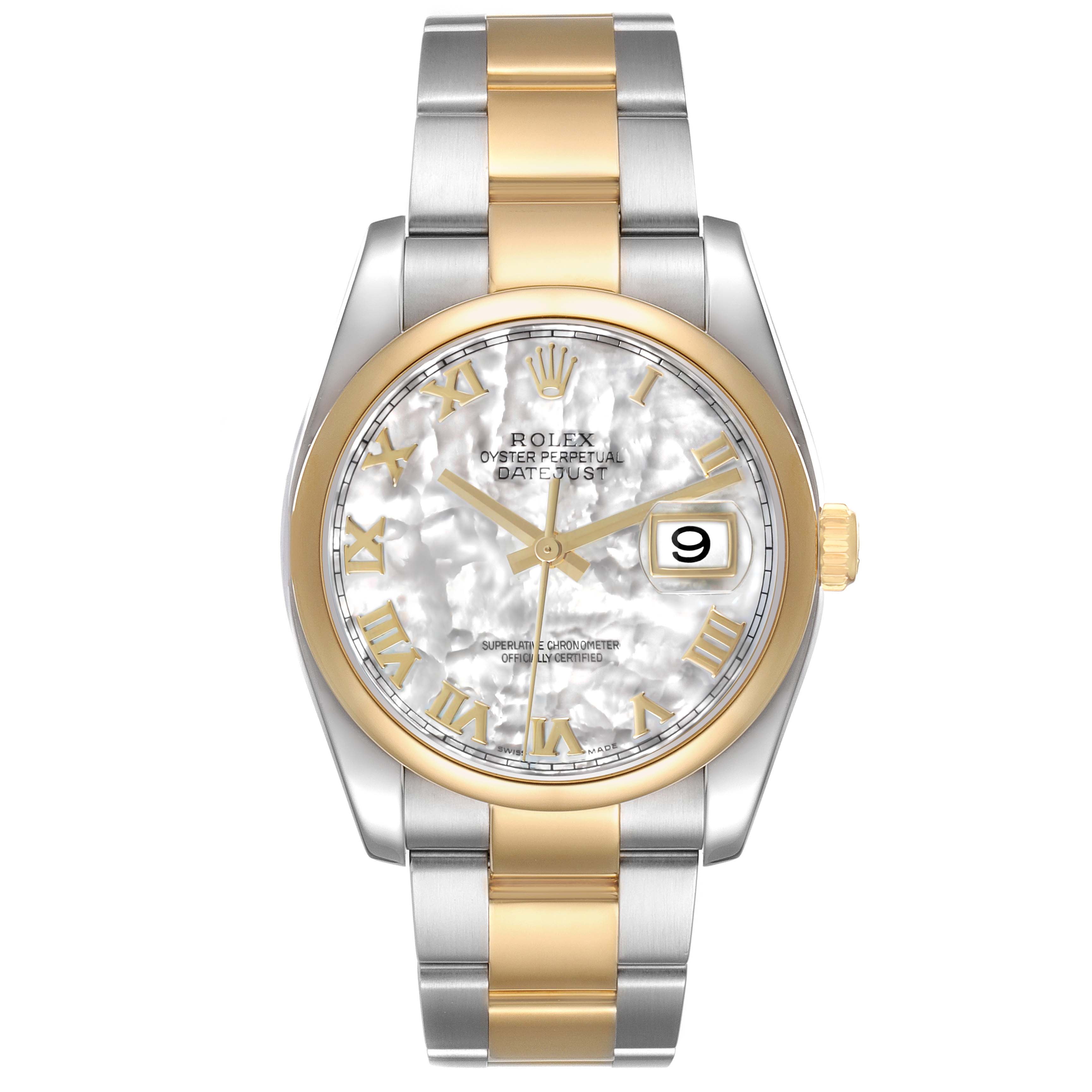 The Rolex Datejust 116203 Men's Steel and Gold (two tone) Mother of Pearl Dial watch is shown from a front view, highlighting its dial, bezel, crown, and bracelet.