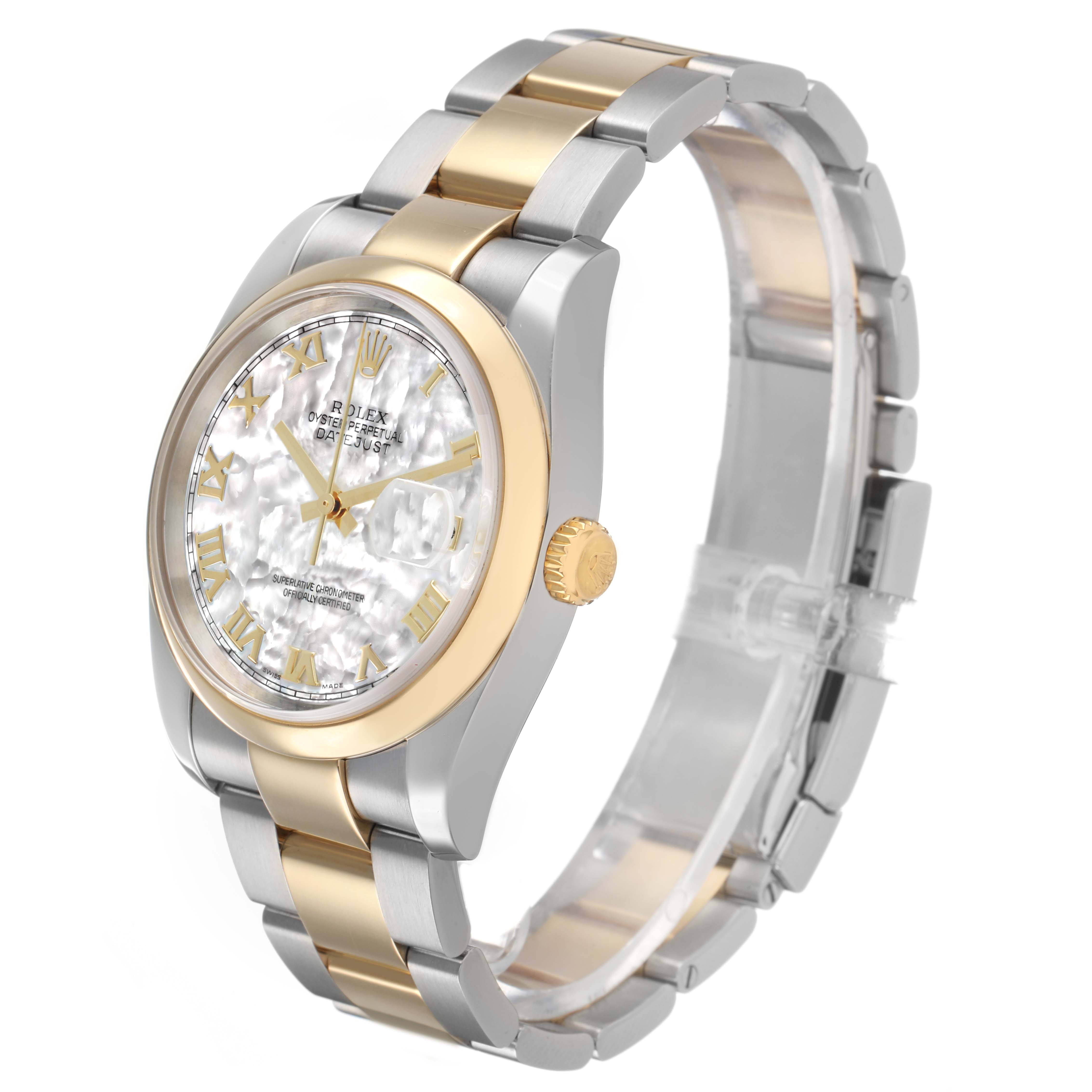 The Rolex Datejust 116203 Men's Steel and Gold (two tone) Mother of Pearl Dial watch is shown at a slight angle, highlighting the two-tone bracelet, dial, and crown.