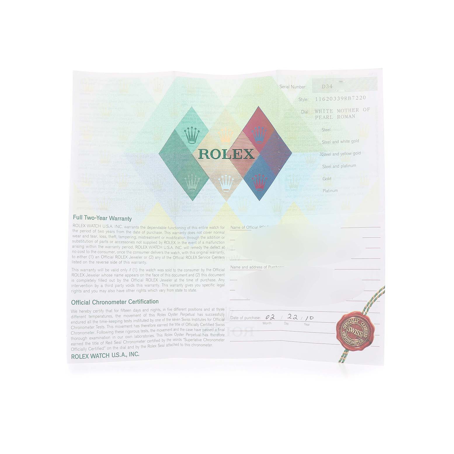 The image shows a warranty certificate for a Rolex Datejust 116203 Men's Steel and Gold (two tone) Mother of Pearl Dial, displaying details about style, serial number, and purchase date.