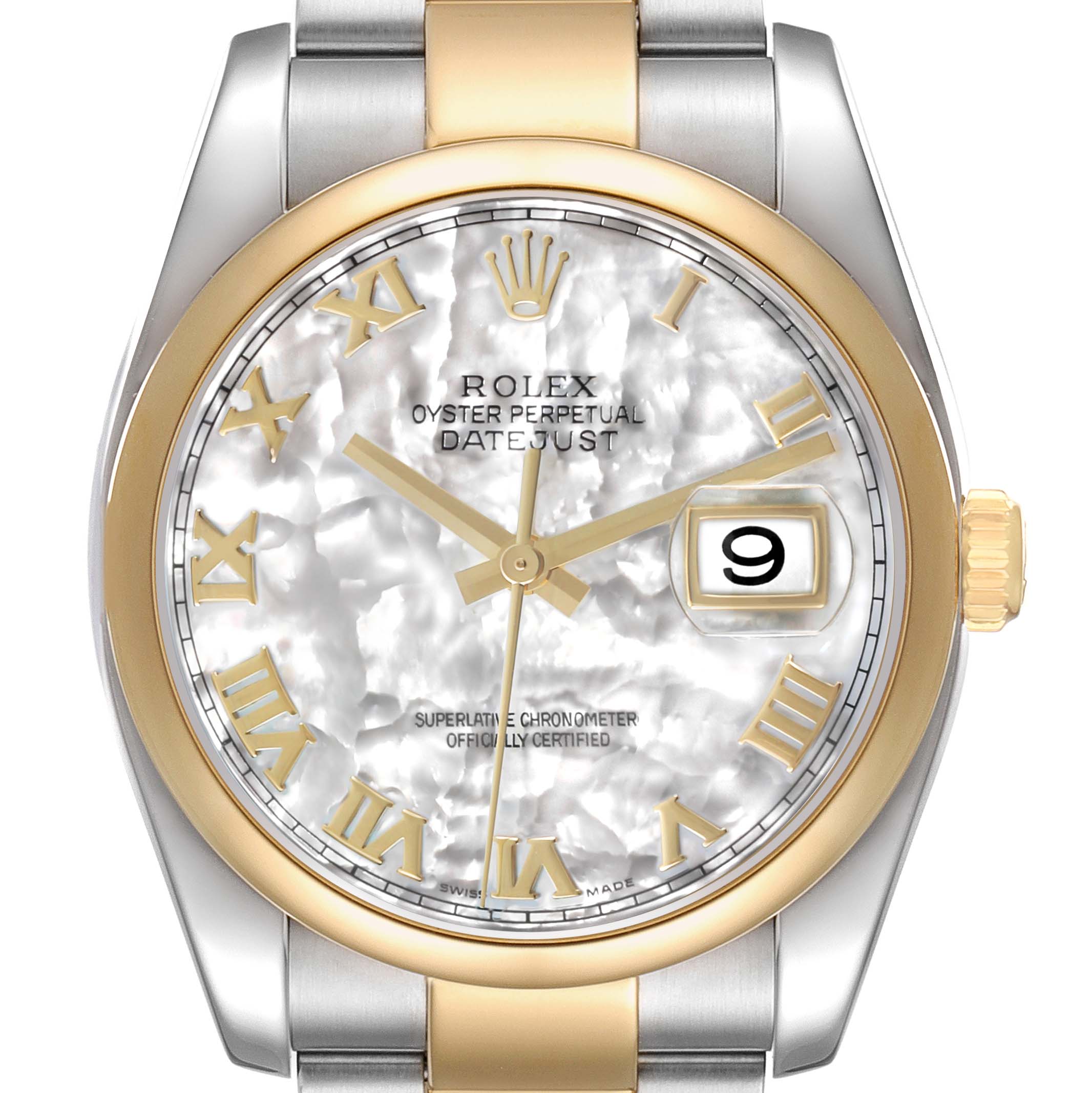 The Rolex Datejust 116203 Men's Steel and Gold (two tone) Mother of Pearl Dial is shown from the front, highlighting the dial, bezel, crown, and part of the bracelet.