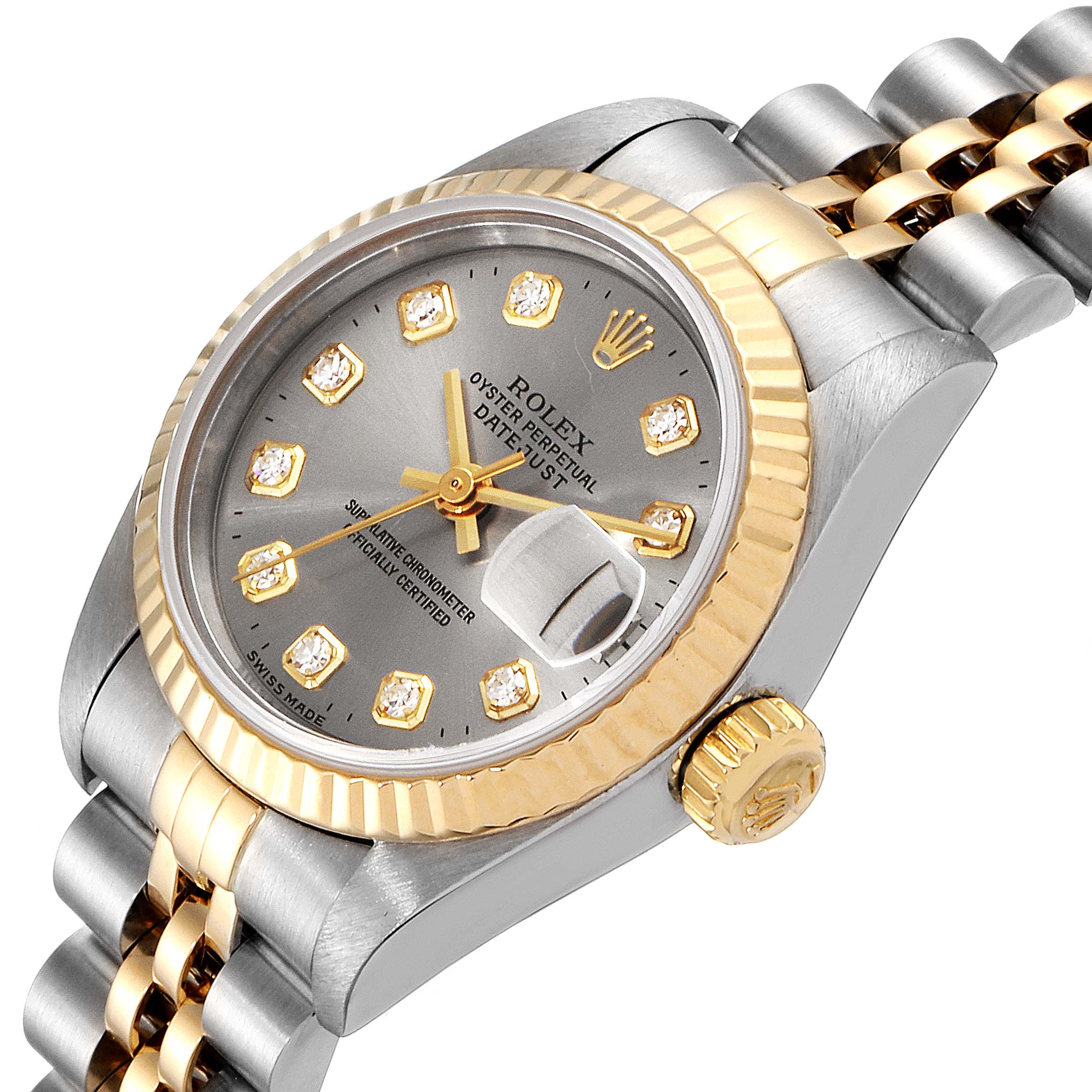 The Rolex Datejust 69173 Women's Steel and Gold (two tone) Silver Dial 69173 Women's Steel and Gold (two tone) Silver Dial watch is shown at a slight angle, highlighting the case, band, crown, and dial with date and diamond markers.