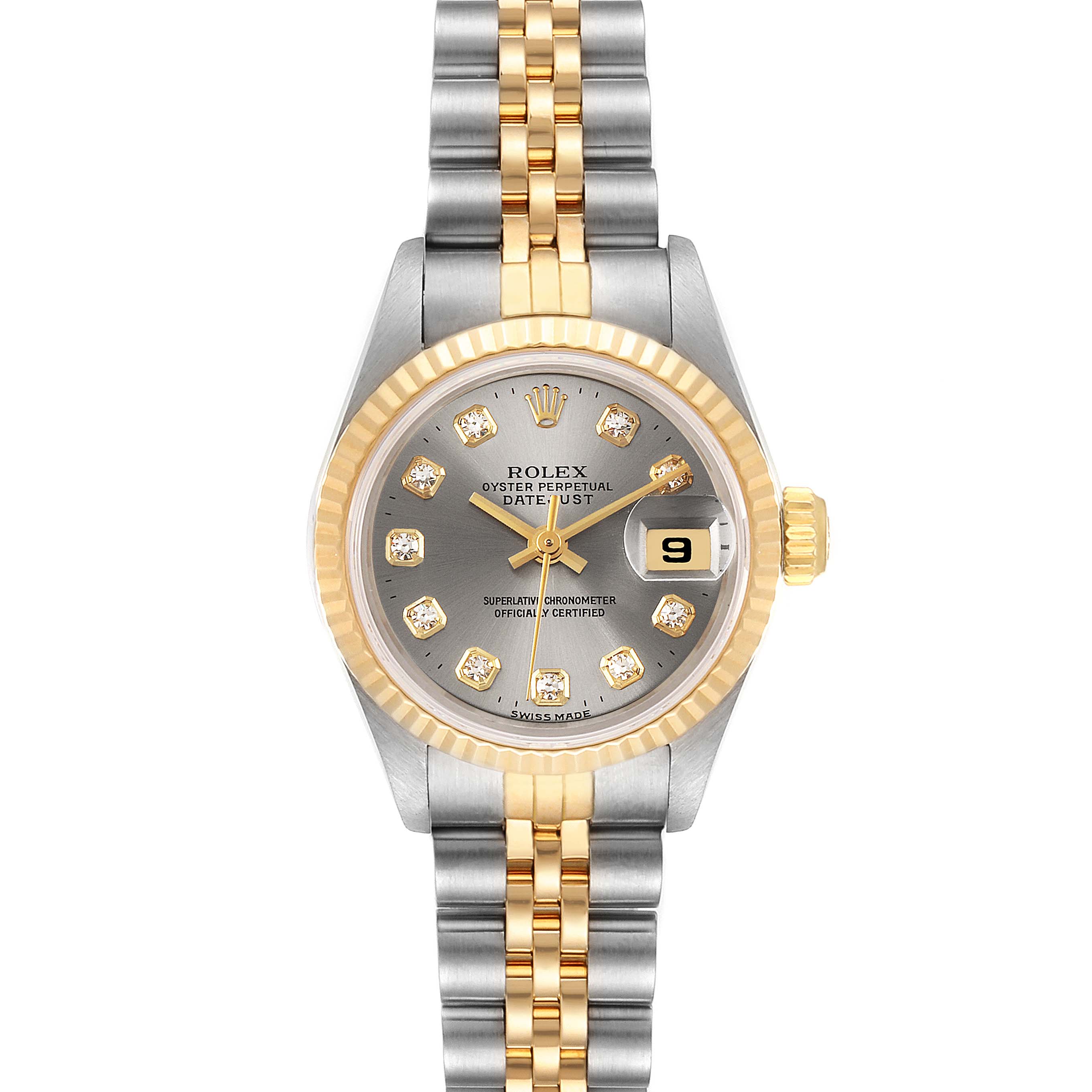 The image shows a Rolex Datejust 69173 Women's Steel and Gold (two tone) Silver Dial 69173 Women's Steel and Gold (two tone) Silver Dial watch from a front angle, highlighting its two-tone bracelet, fluted bezel, and diamond hour markers.