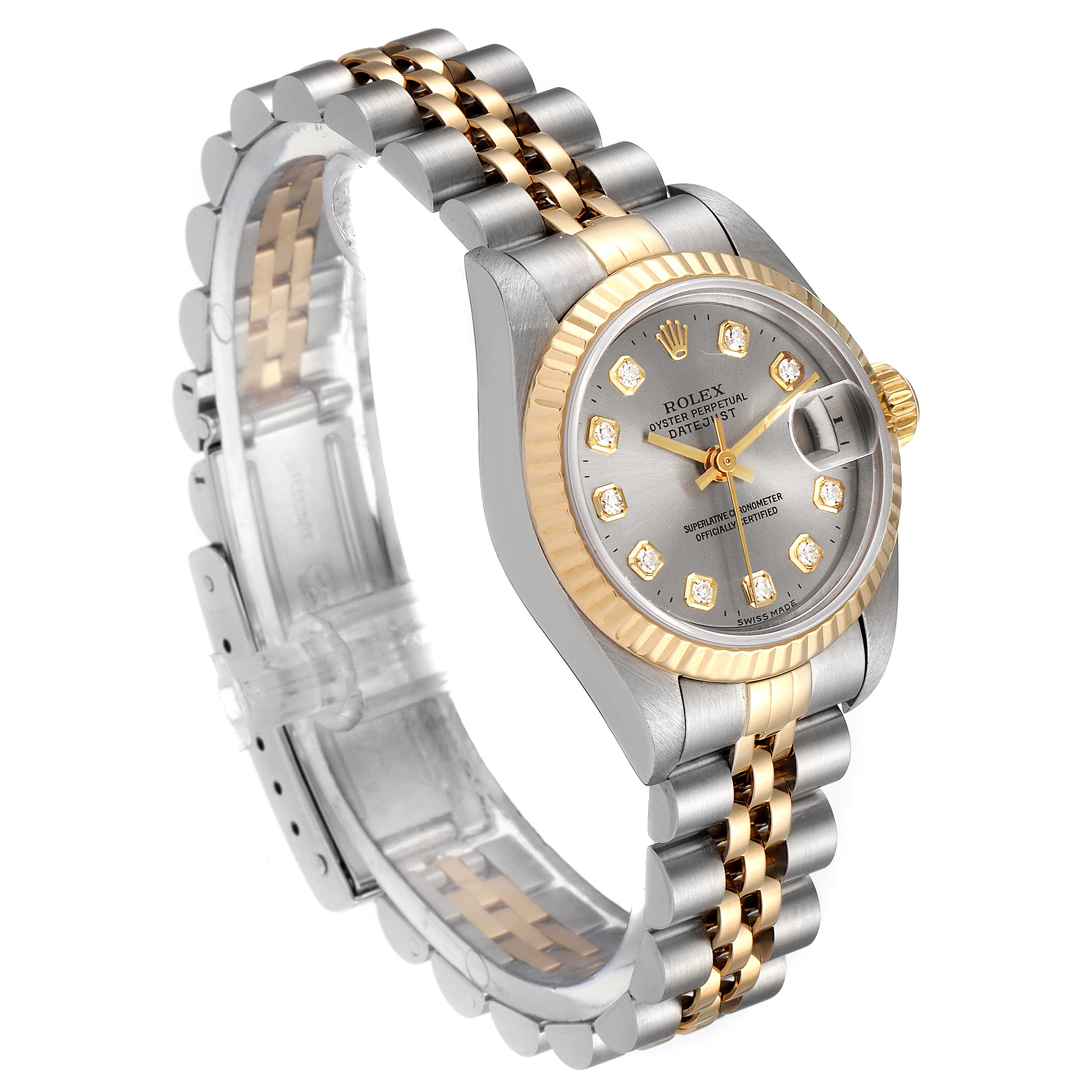 The Rolex Datejust 69173 Women's Steel and Gold (two tone) Silver Dial 69173 Women's Steel and Gold (two tone) Silver Dial watch is shown from an angled side view, displaying the face, bezel, crown, and bracelet.