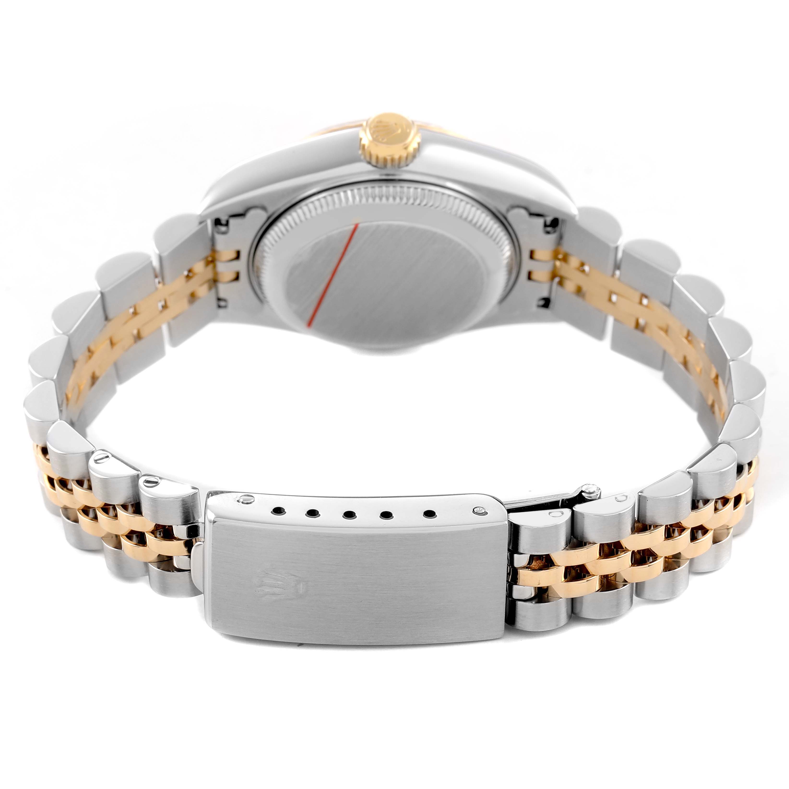 The Rolex Datejust 79173 Women's Steel and Gold (two tone) Silver Dial watch is shown from the back, featuring the clasp, bracelet, and case back.