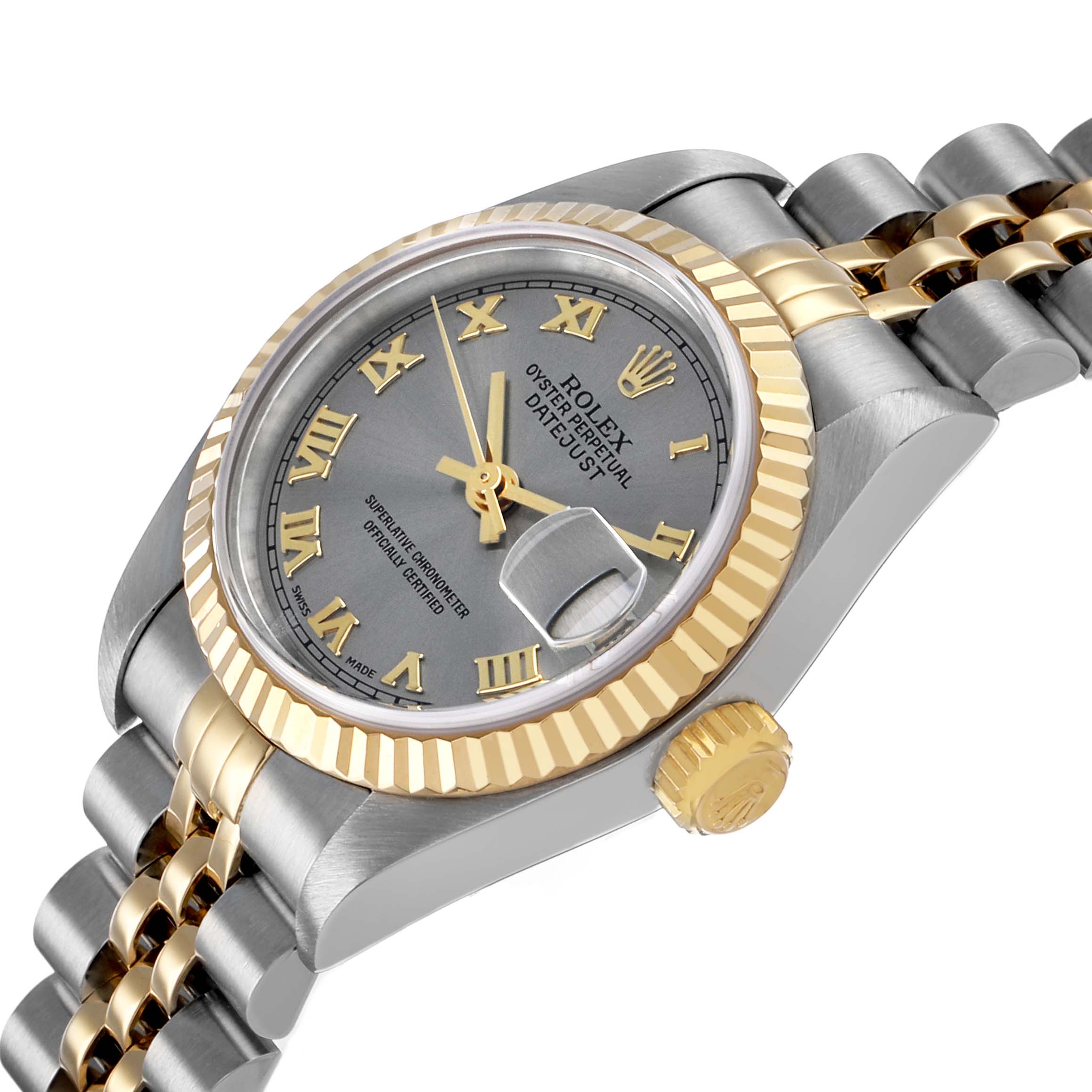 The image shows a Rolex Datejust 79173 Women's Steel and Gold (two tone) Silver Dial watch at a tilted angle, highlighting the case, bezel, dial, crown, and part of the bracelet.
