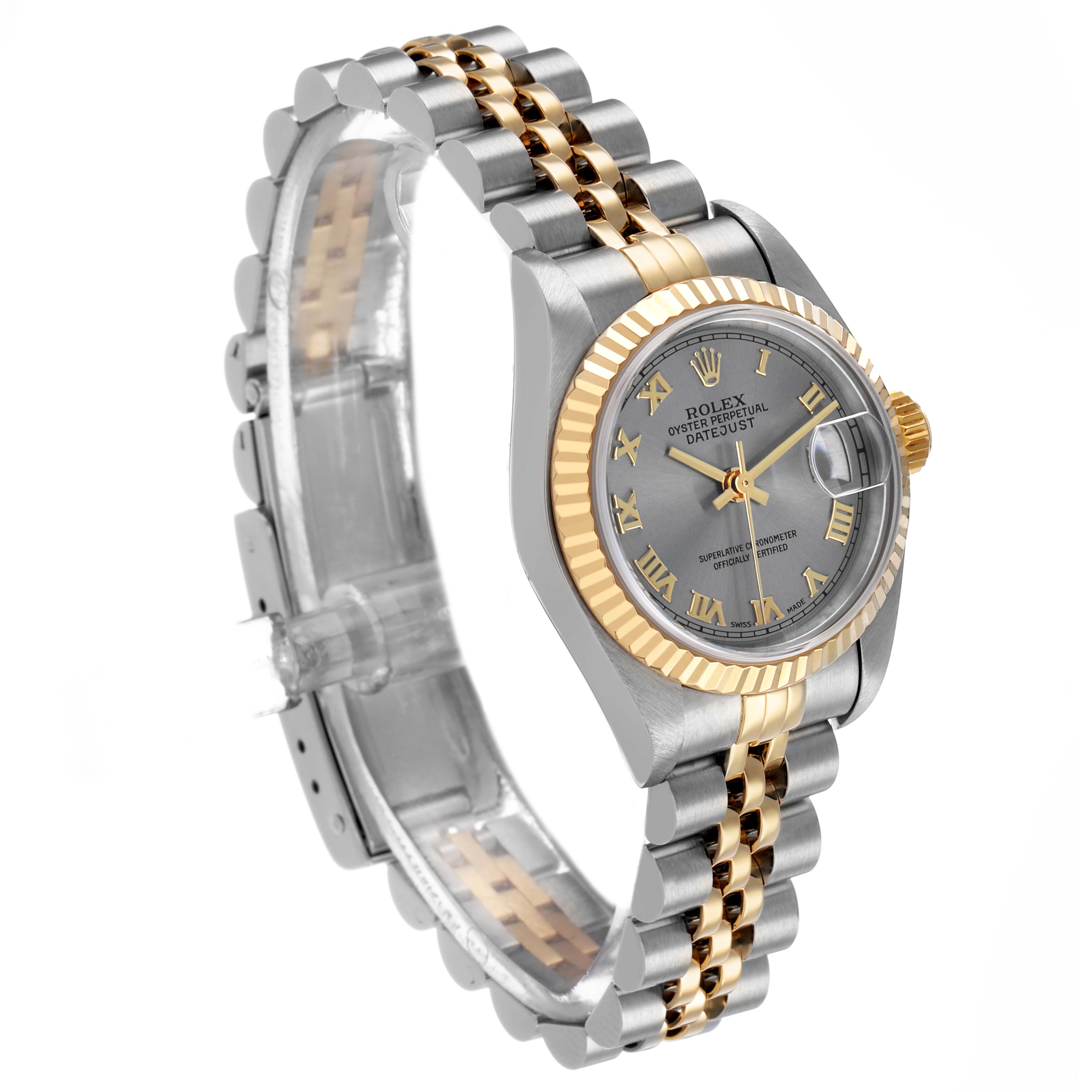 The Rolex Datejust 79173 Women's Steel and Gold (two tone) Silver Dial watch is shown at a slight angle, highlighting the bezel, dial, and Jubilee bracelet.