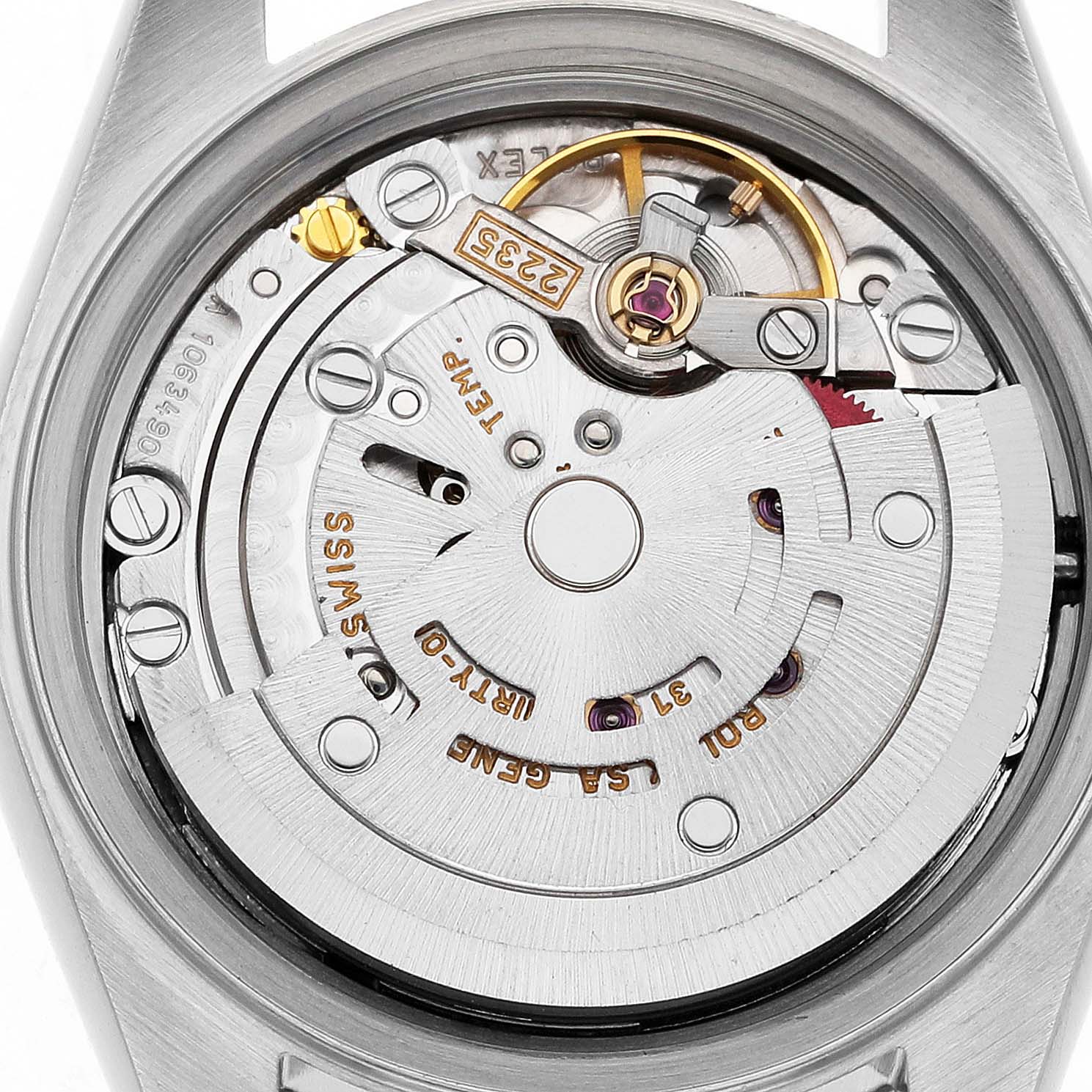 The image shows the movement of a Rolex Datejust ROLEX DATEJUST STEEL YELLOW GOLD SILVER ROMAN DIAL LADIES WATCH 79173 Women's Steel and Gold (two tone) Silver Dial watch from a top-down angle.