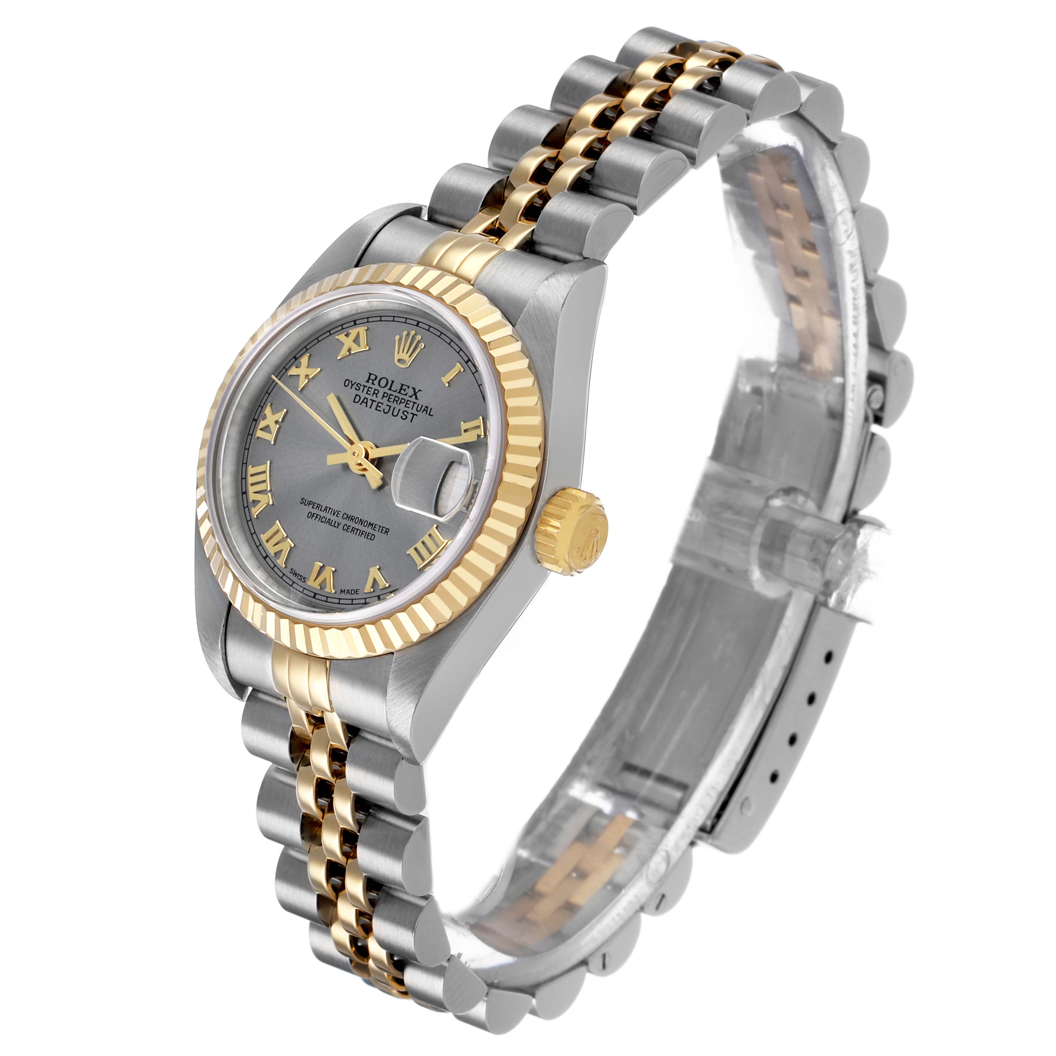 The Rolex Datejust 79173 Women's Steel and Gold (two tone) Silver Dial watch is shown at a three-quarter angle, highlighting the bezel, crown, dial, and bracelet.