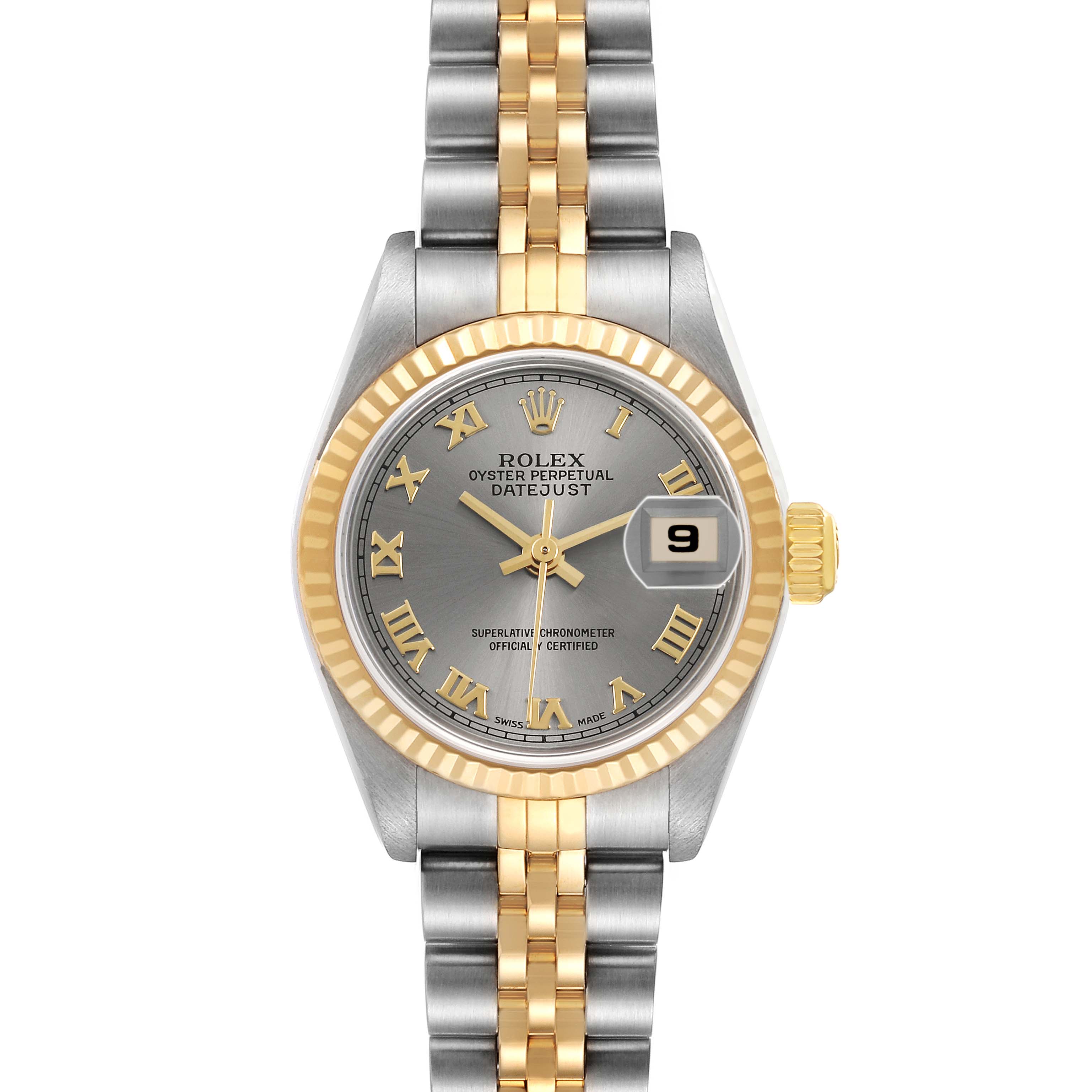 The Rolex Datejust 79173 Women's Steel and Gold (two tone) Silver Dial watch is shown from a front view, featuring a gold and silver two-tone bracelet and a clear view of the dial and bezel.