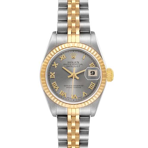 The Rolex Datejust 79173 Women's Steel and Gold (two tone) Silver Dial watch is shown from a top-down angle, highlighting the dial, bezel, bracelet, and crown.
