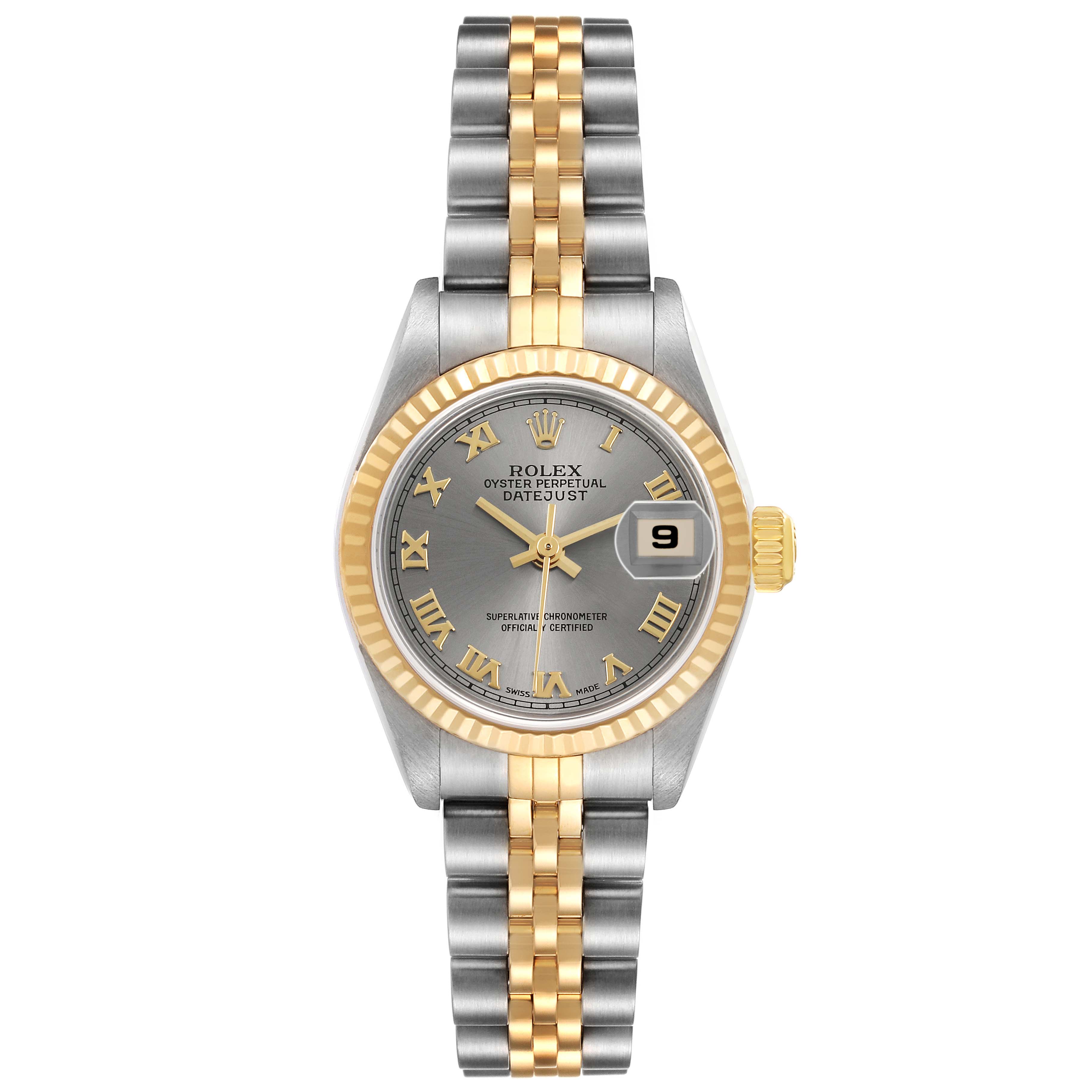 The Rolex Datejust 79173 Women's Steel and Gold (two tone) Silver Dial watch is shown from the front, displaying the dial, gold bezel, and two-tone bracelet.