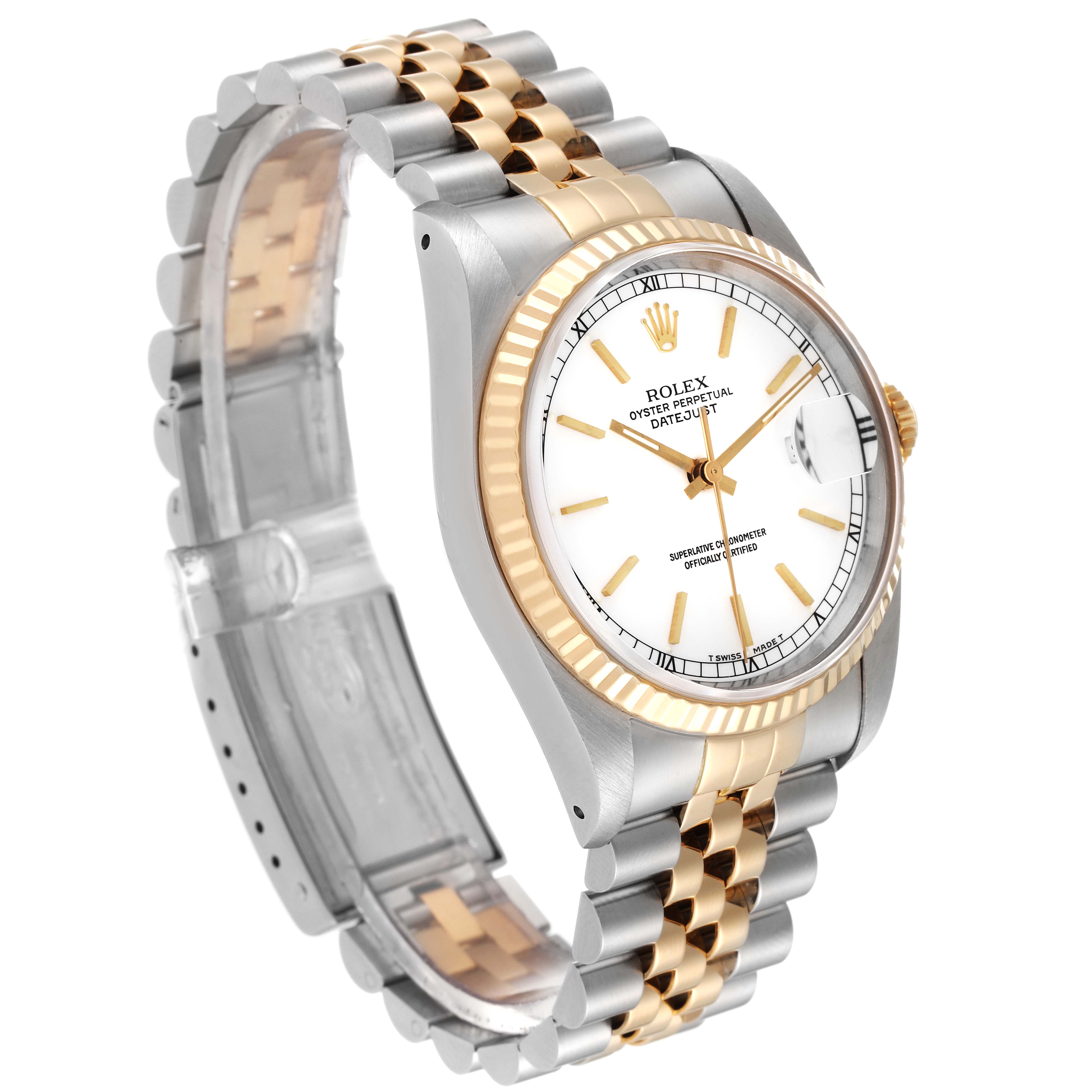 This image shows a Rolex Datejust 16233 Men's Steel and Gold (two tone) White Dial 16233 Men's Steel and Gold (two tone) White Dial watch at a three-quarter angle, featuring its face, bezel, and two-tone bracelet.