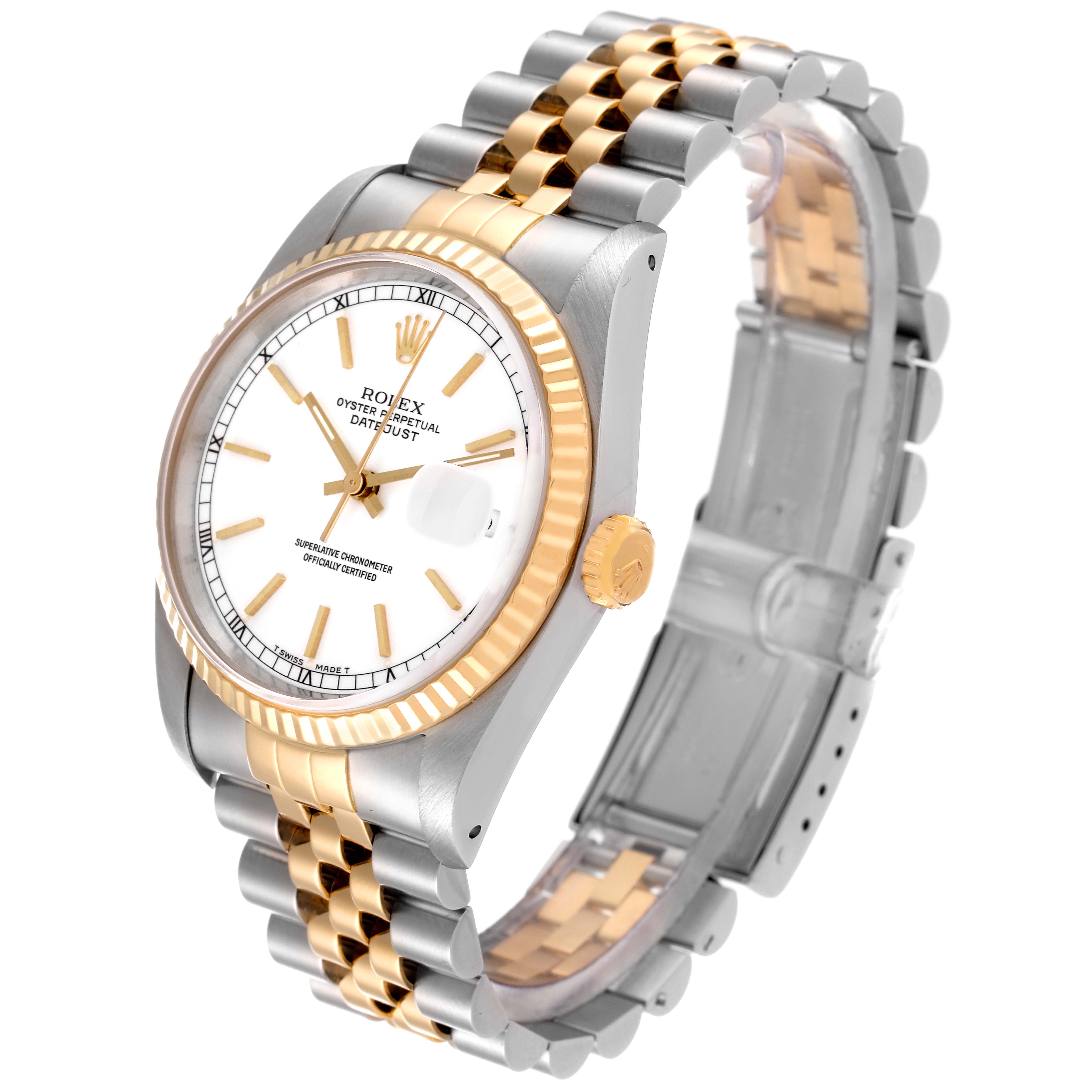 The image shows a Rolex Datejust 16233 Men's Steel and Gold (two tone) White Dial 16233 Men's Steel and Gold (two tone) White Dial watch at an angled view focusing on the face, bezel, and jubilee bracelet.