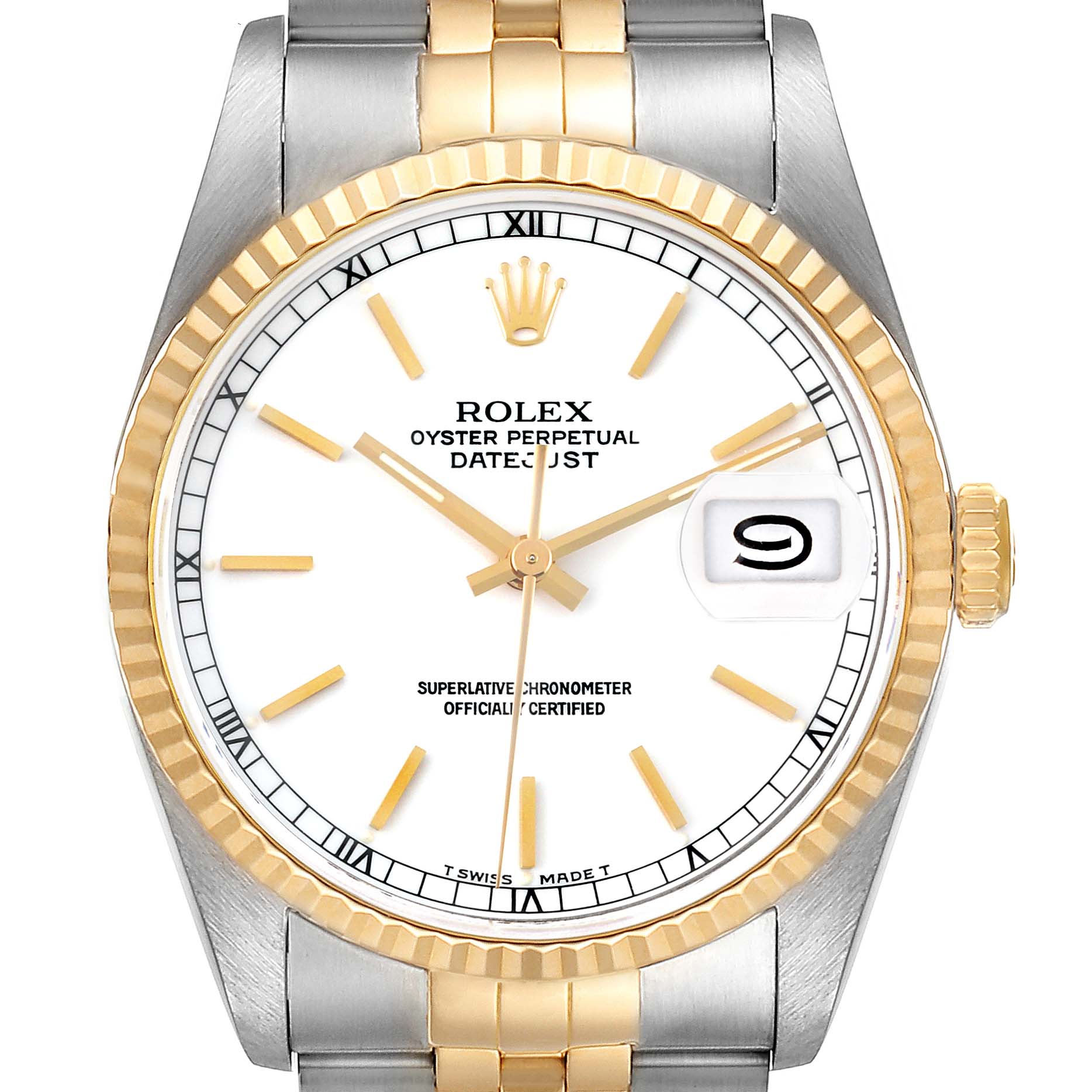 The image shows a front view of a Rolex Datejust 16233 Men's Steel and Gold (two tone) White Dial 16233 Men's Steel and Gold (two tone) White Dial watch, highlighting the dial, hands, bezel, crown, and integrated link bracelet.