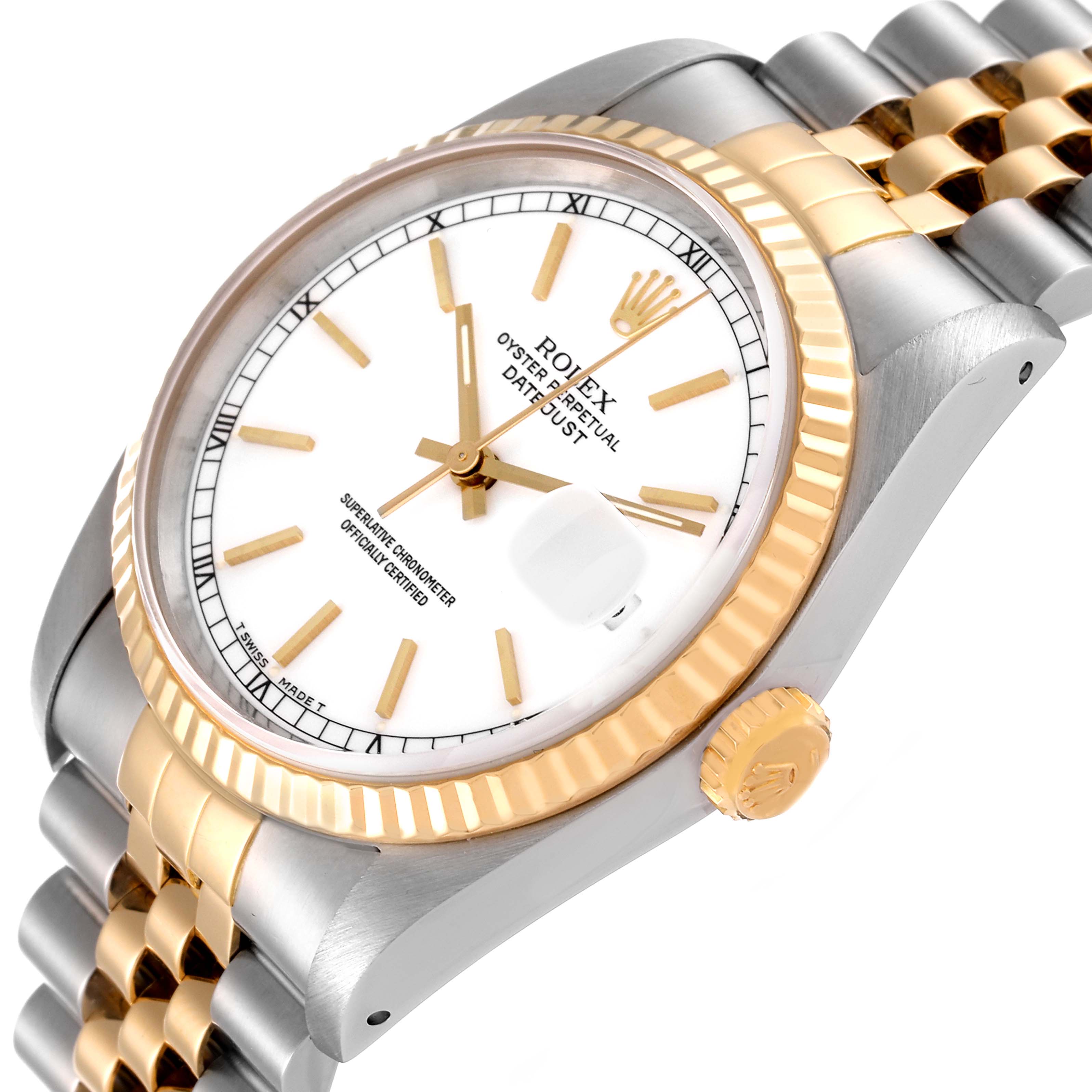 This image shows a close-up angle of a Rolex Datejust 16233 Men's Steel and Gold (two tone) White Dial 16233 Men's Steel and Gold (two tone) White Dial watch, highlighting its bezel, dial, crown, and part of the bracelet.