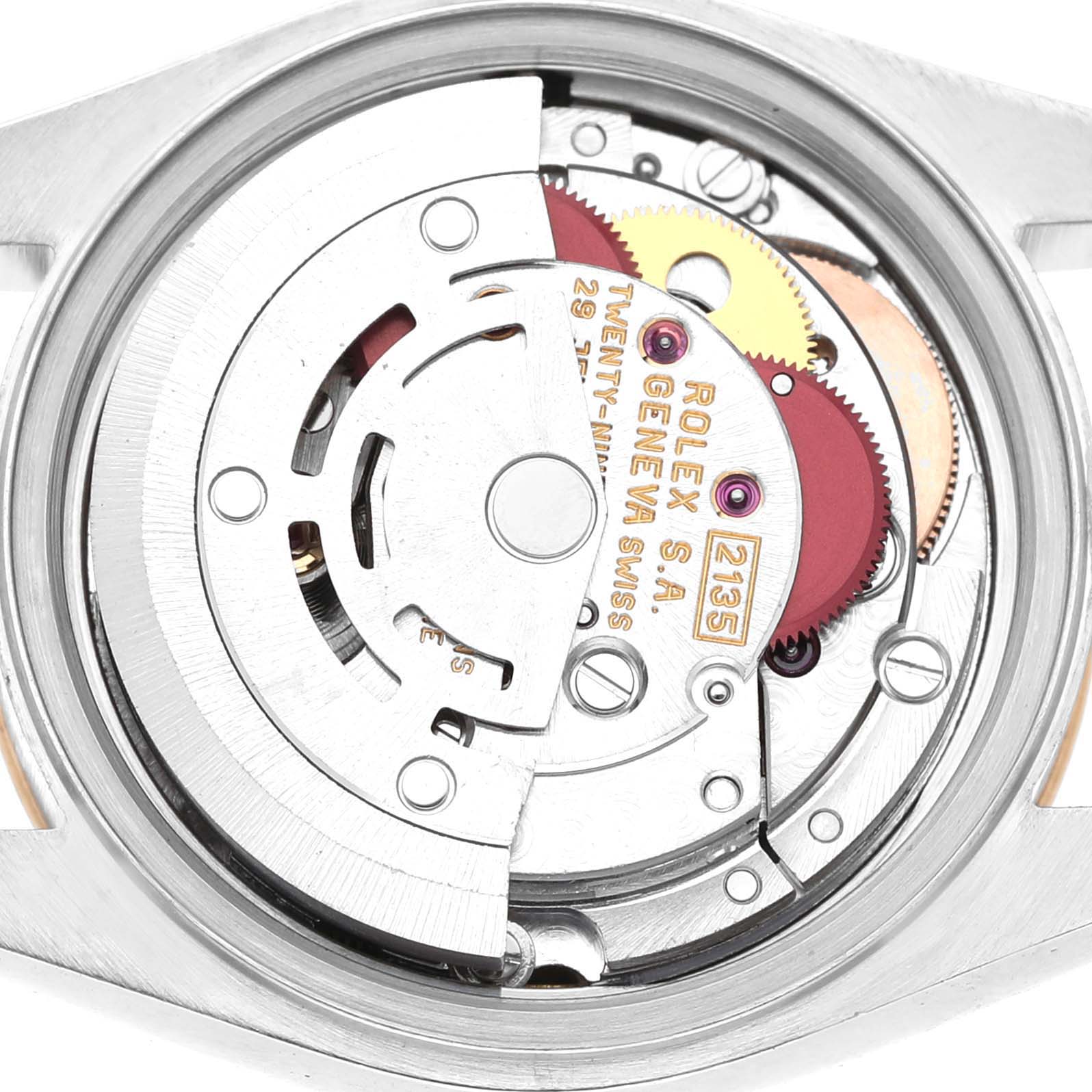 The image shows the inner mechanical movement of a Rolex Datejust 69173 Women's Steel and Gold (two tone) White Dial watch from a top-down angle.