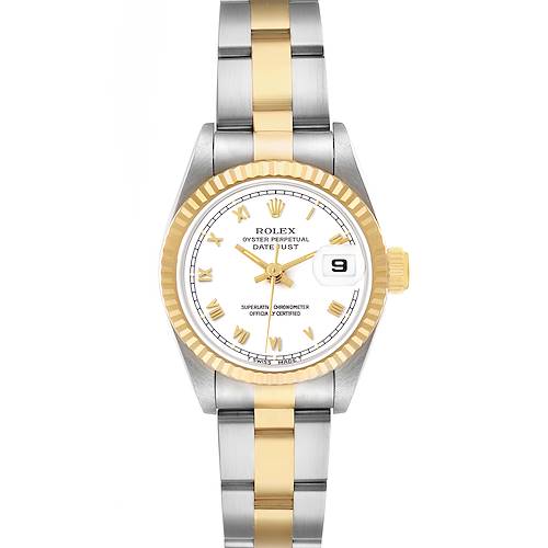 The Rolex Datejust 69173 Women's Steel and Gold (two tone) White Dial watch is shown from the front, highlighting the dial, bezel, bracelet, and date window.
