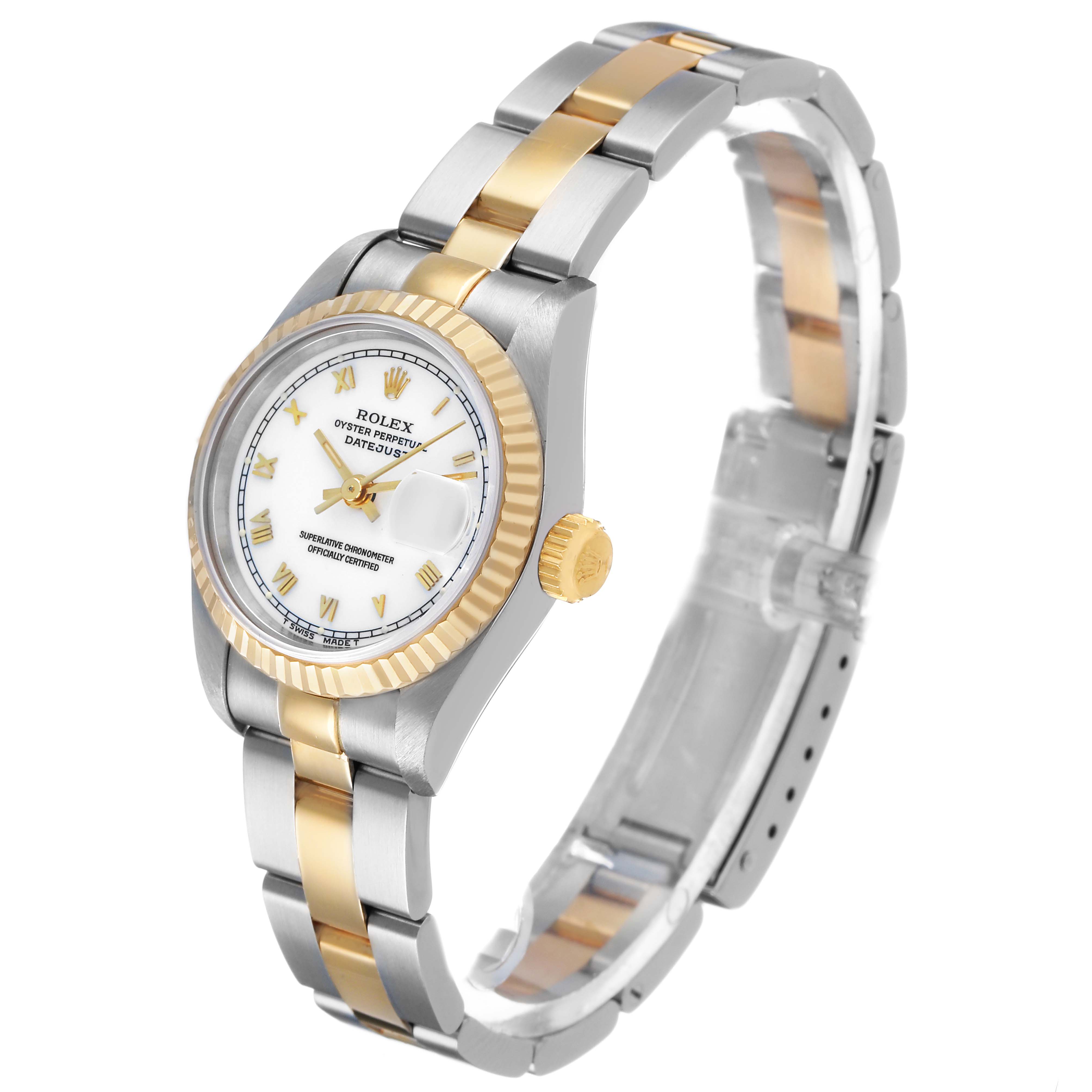 The Rolex Datejust 69173 Women's Steel and Gold (two tone) White Dial watch is shown at an angle highlighting the dial, two-tone bracelet, bezel, and crown.
