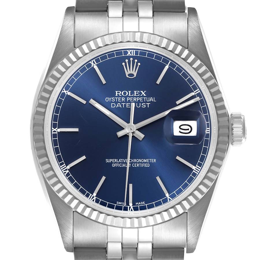 The image shows a front view of the Rolex Datejust watch, highlighting the blue dial, date window, and Jubilee bracelet.