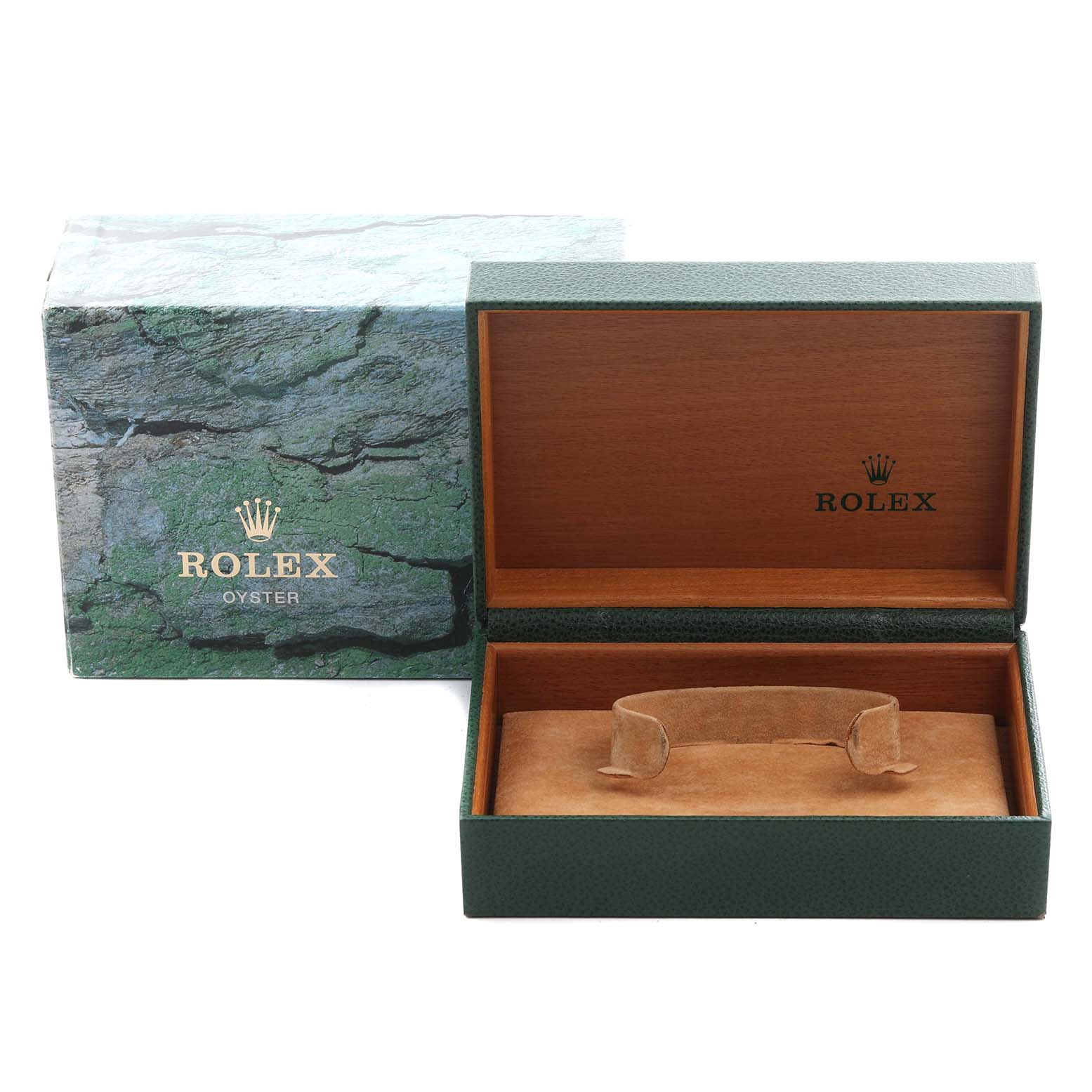 The image shows a Rolex Datejust 16014 Men's Stainless Steel Blue Dial 16014 Men's Stainless Steel Blue Dial watch box and outer packaging, both empty, viewed from the front.