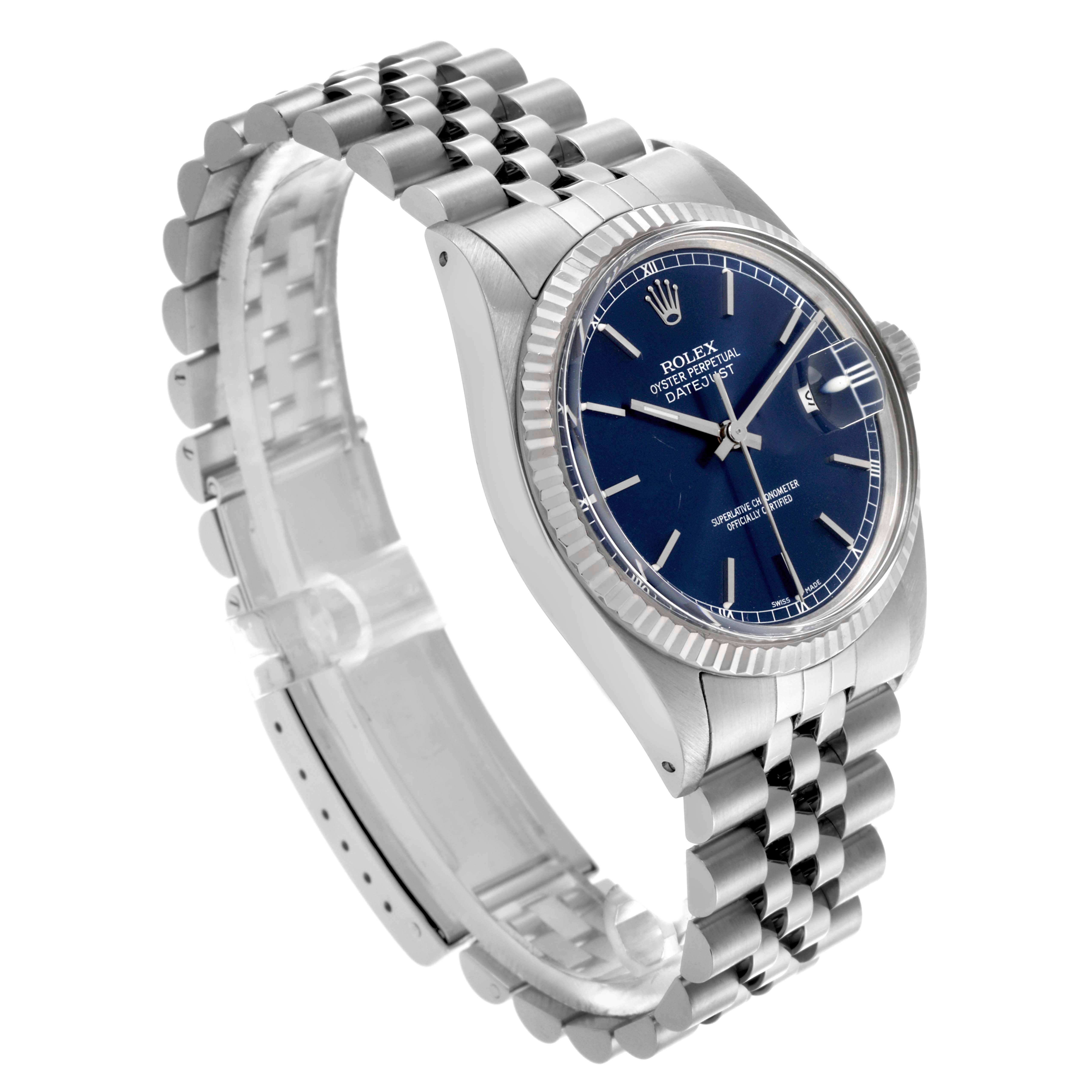 The Rolex Datejust 16014 Men's Stainless Steel Blue Dial 16014 Men's Stainless Steel Blue Dial watch is shown at a three-quarter angle highlighting the blue dial, fluted bezel, and Jubilee bracelet.