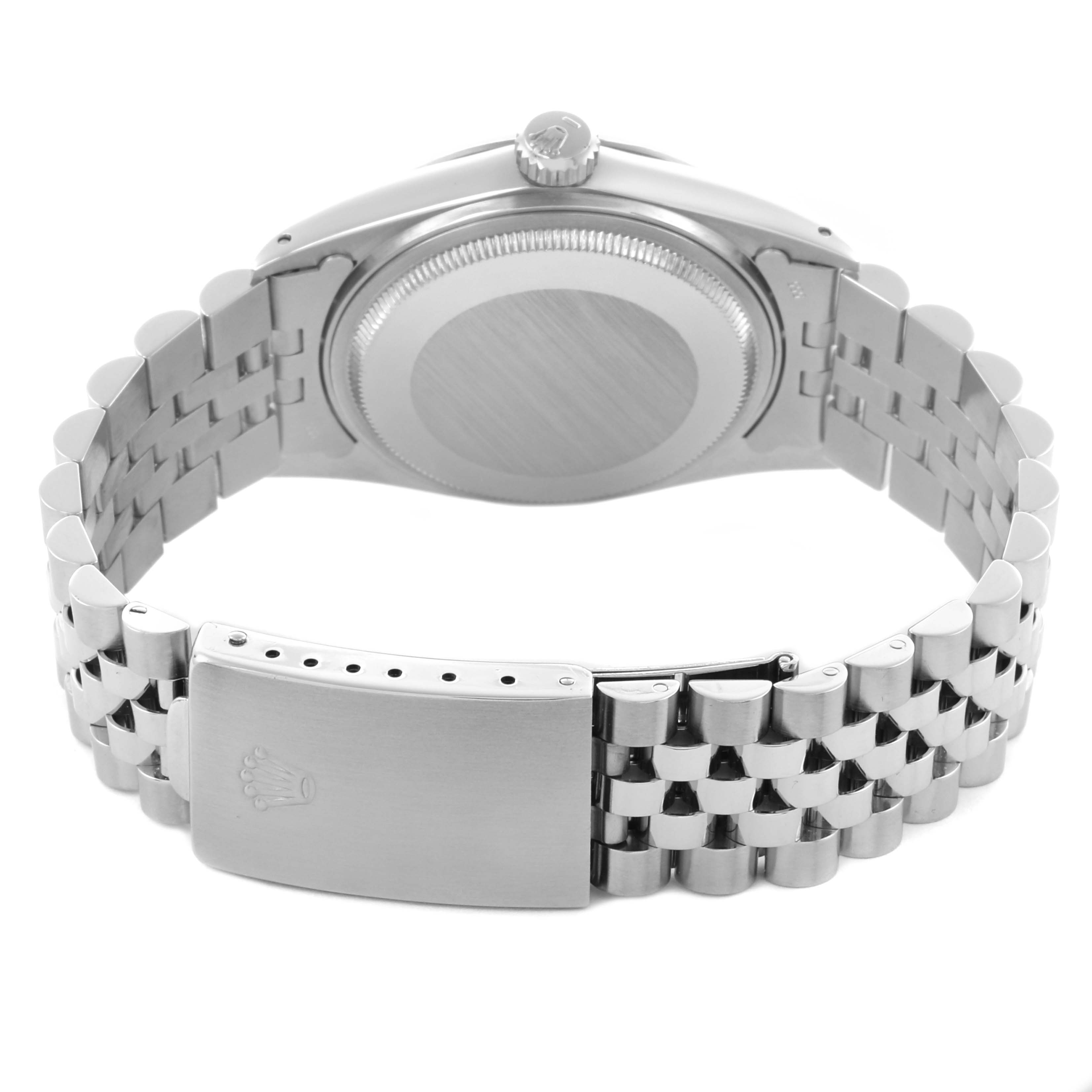 The image shows the back view of a Rolex Datejust 16014 Men's Stainless Steel Blue Dial 16014 Men's Stainless Steel Blue Dial watch, highlighting the clasp, bracelet, and case back.