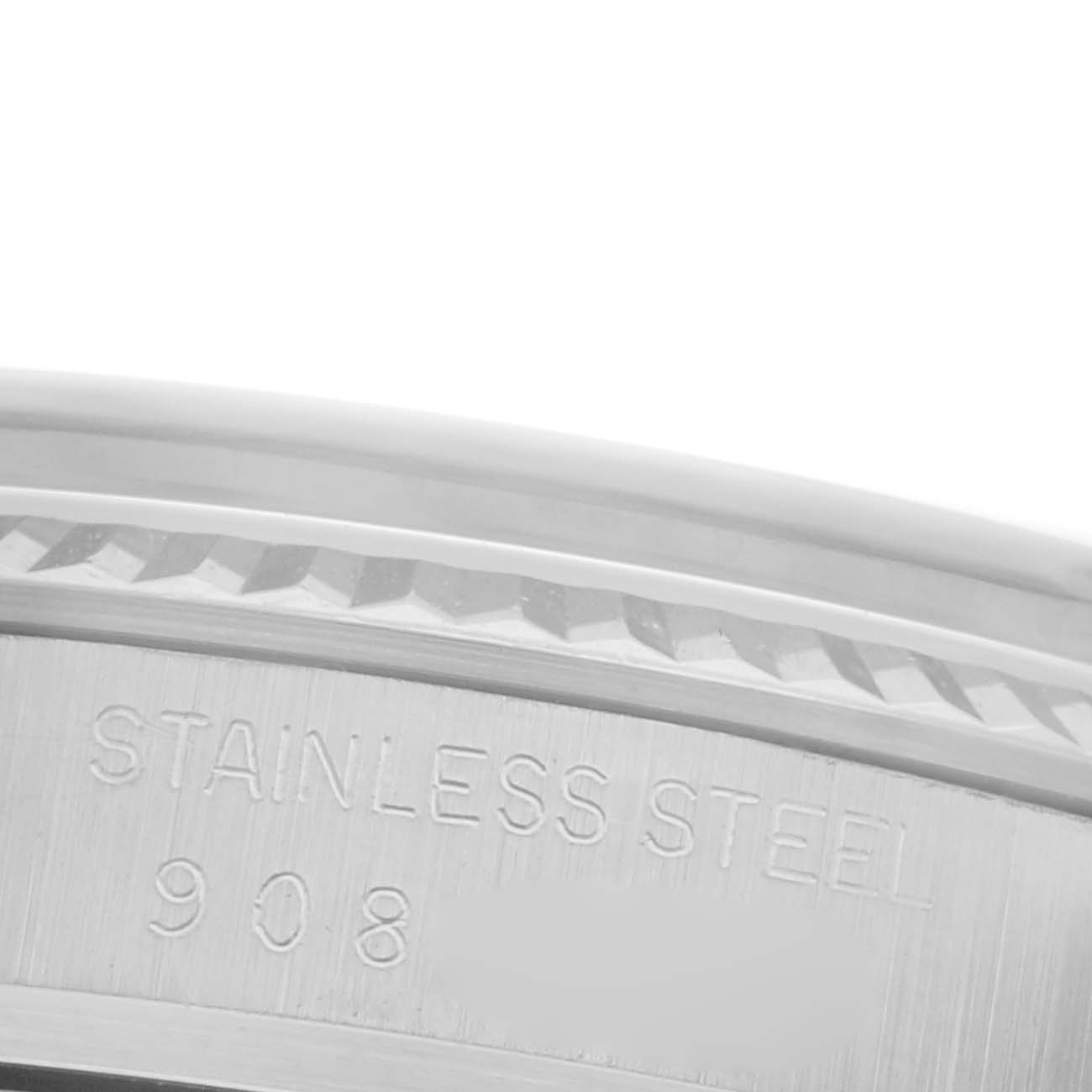 The image shows a close-up of the stainless steel engraving on the Rolex Datejust 16014 Men's Stainless Steel Blue Dial 16014 Men's Stainless Steel Blue Dial watch casing.
