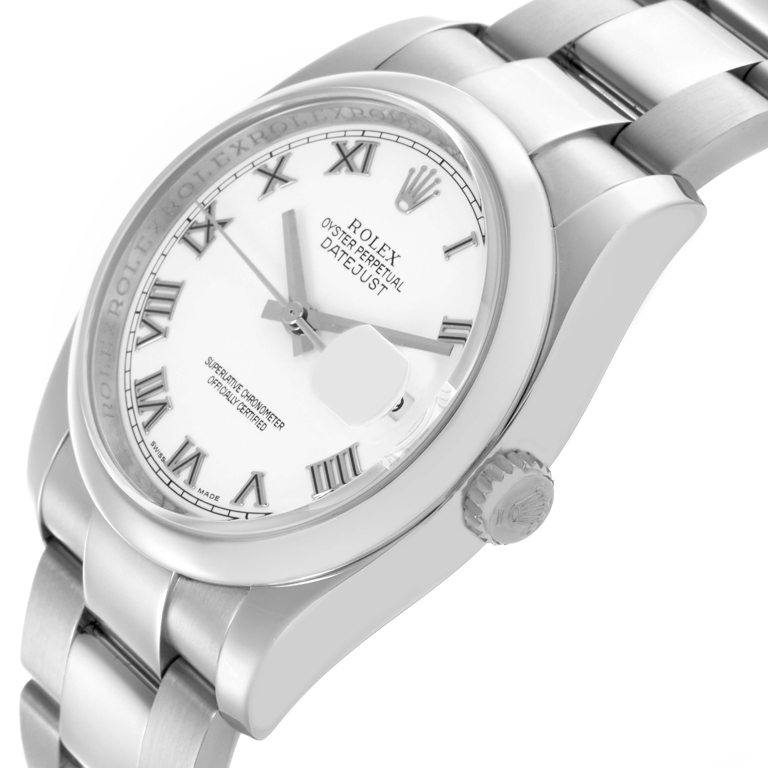 The Rolex Datejust 116200 Men's Stainless Steel White Dial 116200 Men's Stainless Steel White Dial watch is shown at an angle highlighting the white dial, Roman numerals, bezel, and part of the bracelet and crown.