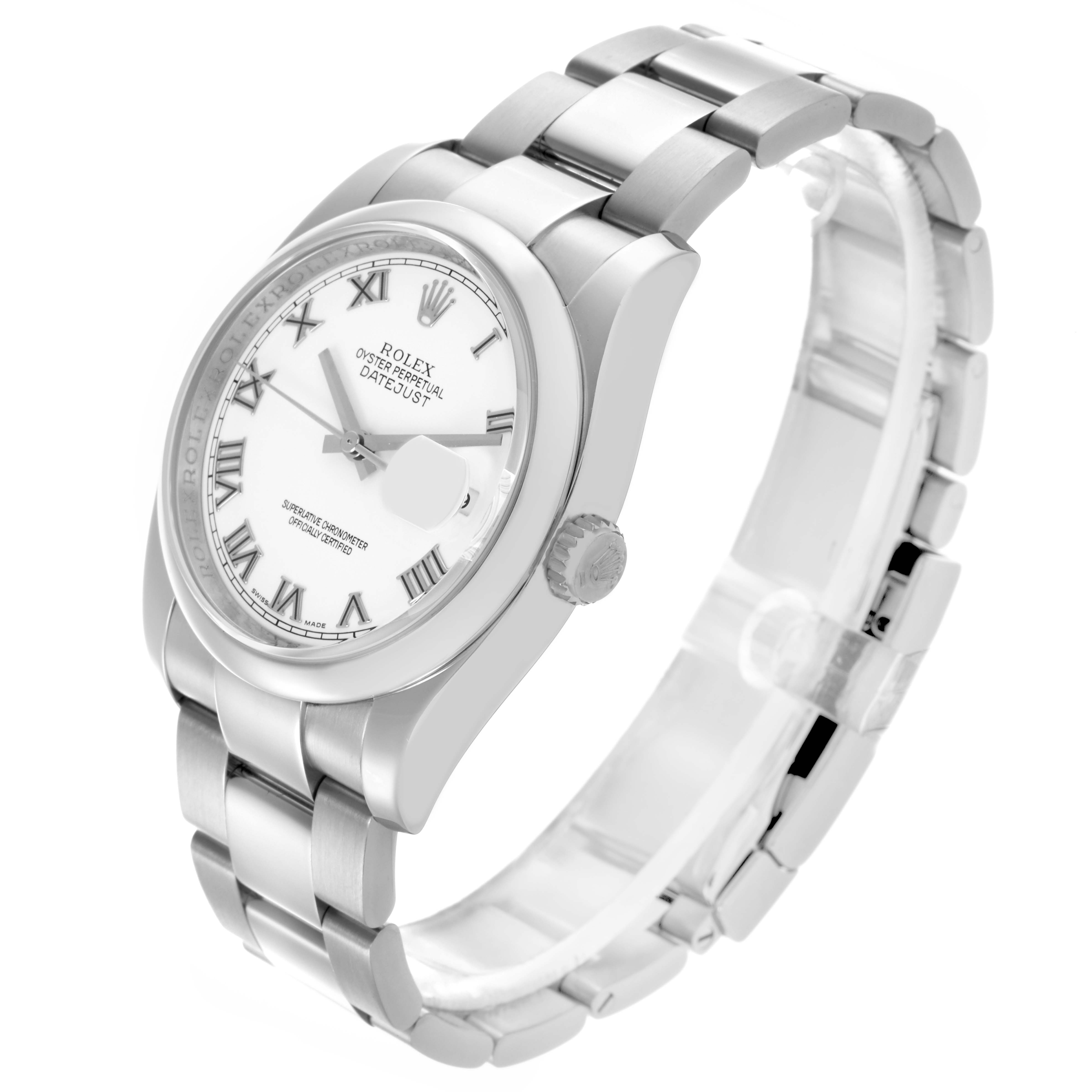 The Rolex Datejust 116200 Men's Stainless Steel White Dial 116200 Men's Stainless Steel White Dial watch is shown at a slight angle, highlighting the face, bezel, crown, and bracelet.