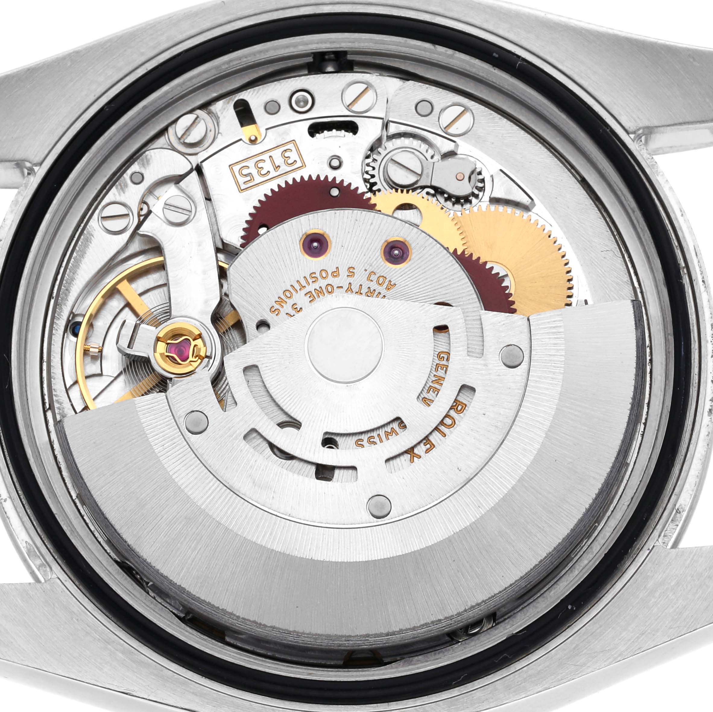 The image shows the back view of a Rolex Datejust 116200 Men's Stainless Steel White Dial 116200 Men's Stainless Steel White Dial watch, highlighting its internal mechanical movement.