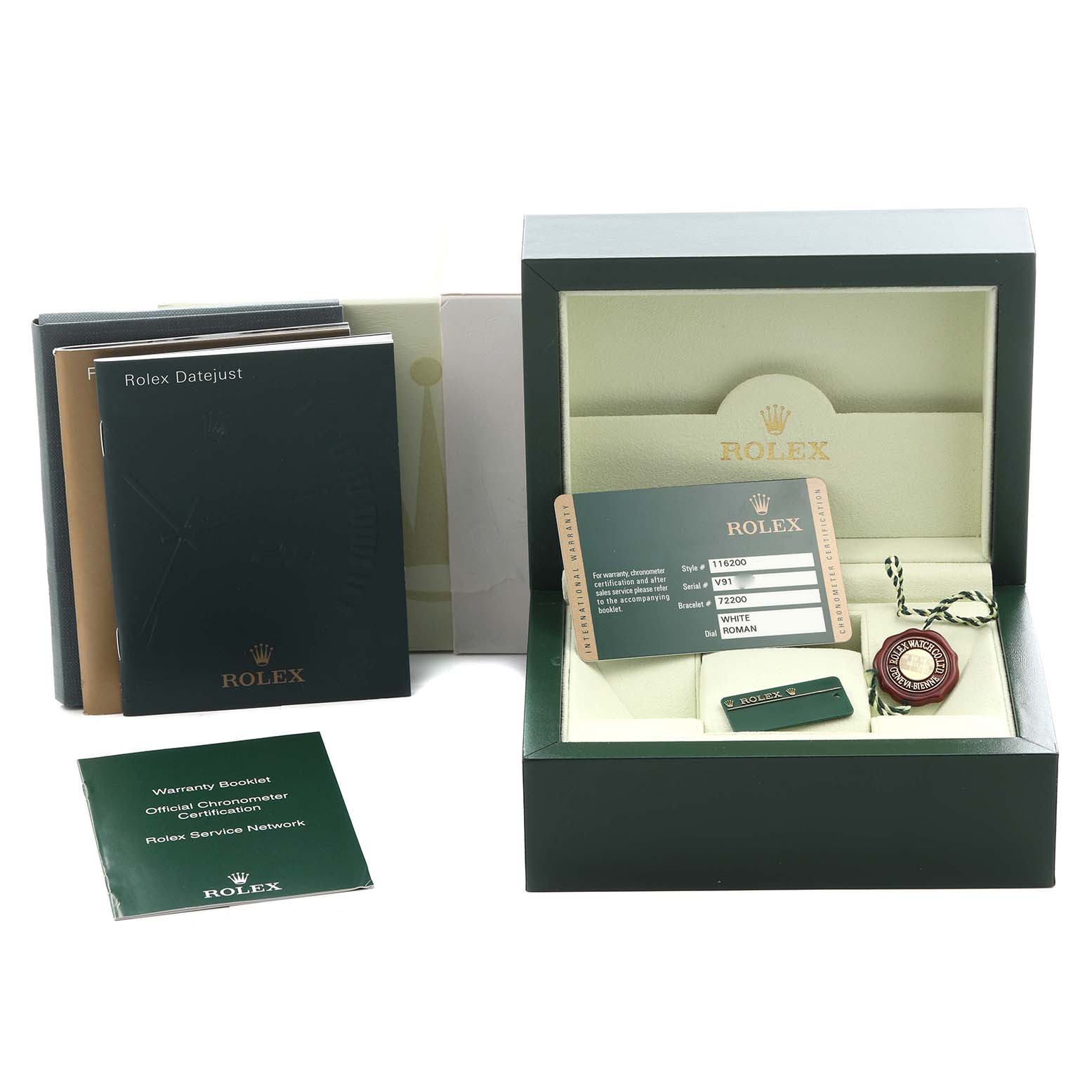 The image shows the packaging and accessories for a Rolex Datejust 116200 Men's Stainless Steel White Dial 116200 Men's Stainless Steel White Dial, including the box, warranty card, booklets, and a tag.