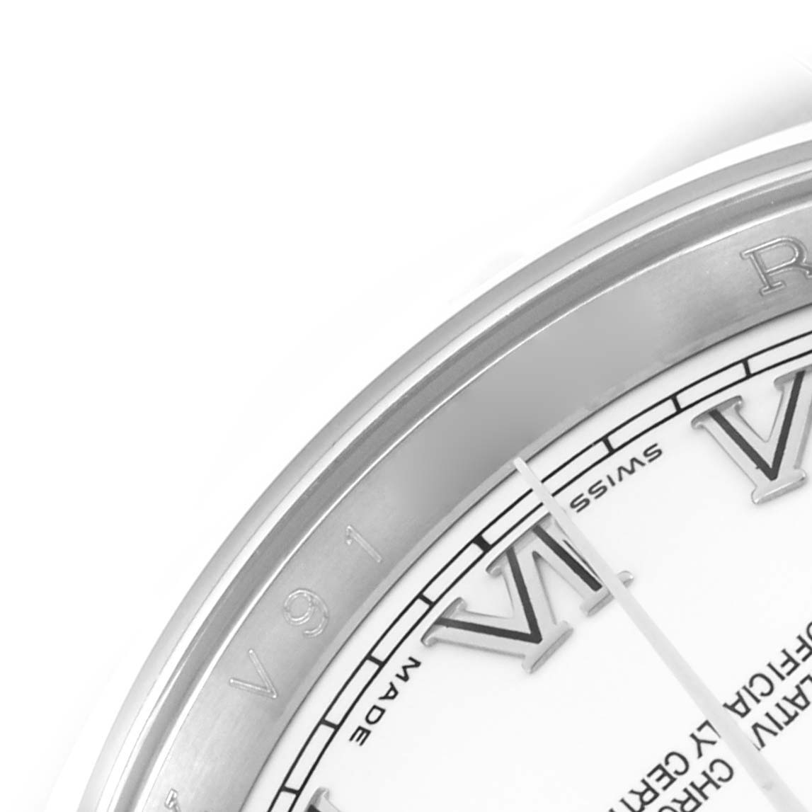 The image shows a close-up of the Rolex Datejust 116200 Men's Stainless Steel White Dial 116200 Men's Stainless Steel White Dial watch dial, highlighting the bezel, hour markers, and minute track.