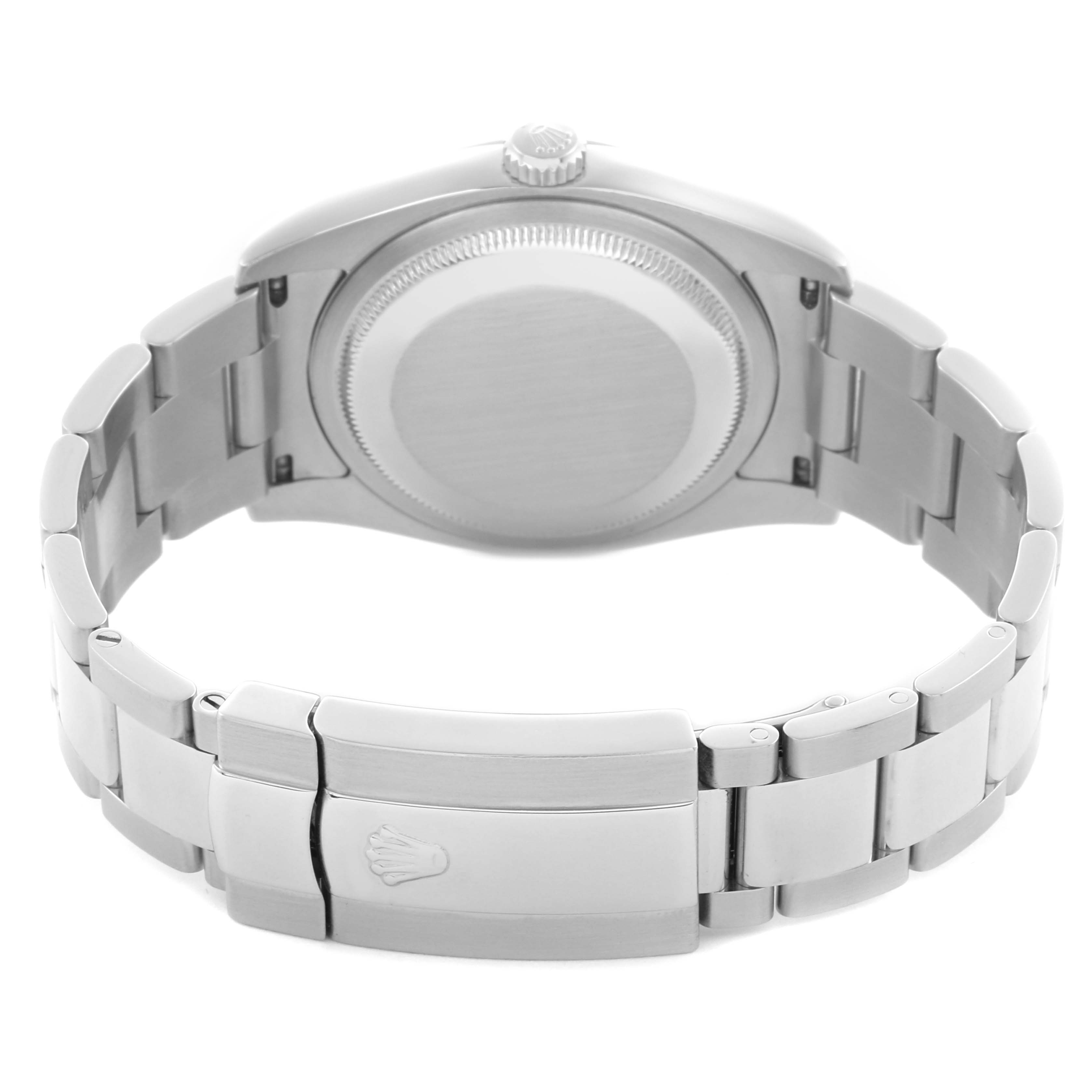 The image shows a back view of the Rolex Datejust 116200 Men's Stainless Steel White Dial 116200 Men's Stainless Steel White Dial watch, including the case back and the bracelet with the clasp.
