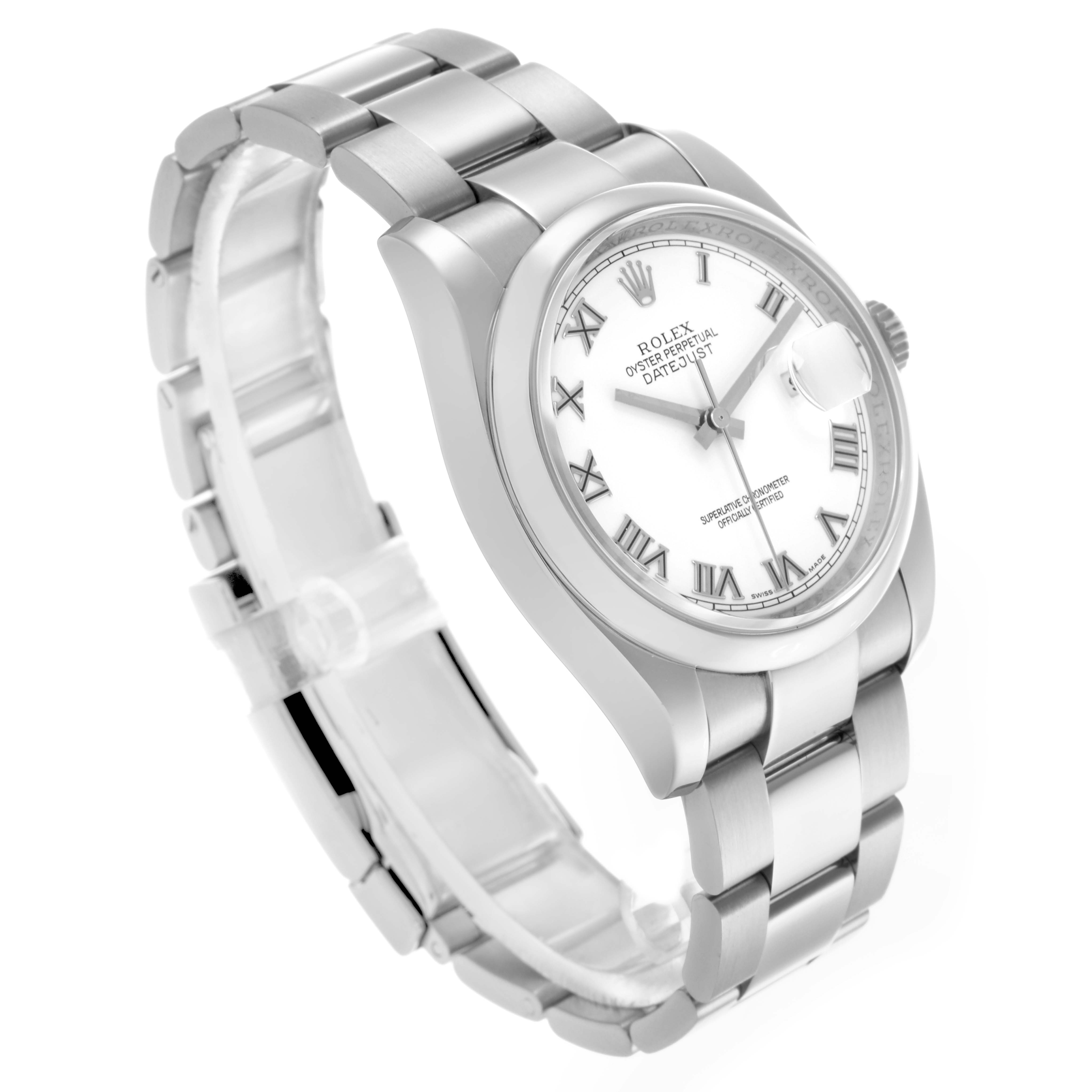 The Rolex Datejust 116200 Men's Stainless Steel White Dial 116200 Men's Stainless Steel White Dial watch is shown at a three-quarter angle, highlighting the face, bezel, and bracelet.