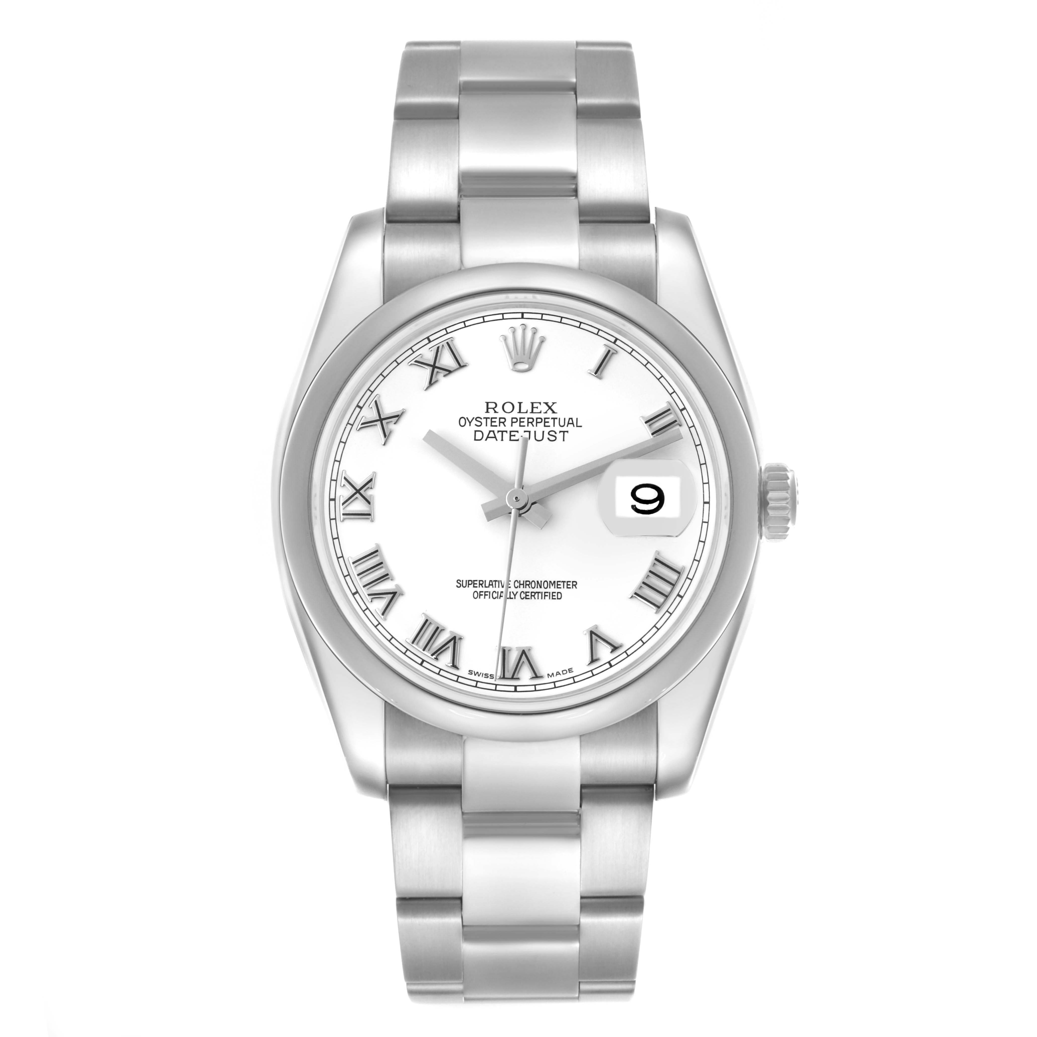 The Rolex Datejust 116200 Men's Stainless Steel White Dial 116200 Men's Stainless Steel White Dial watch is shown from a front angle, displaying the face, bezel, bracelet, and crown.