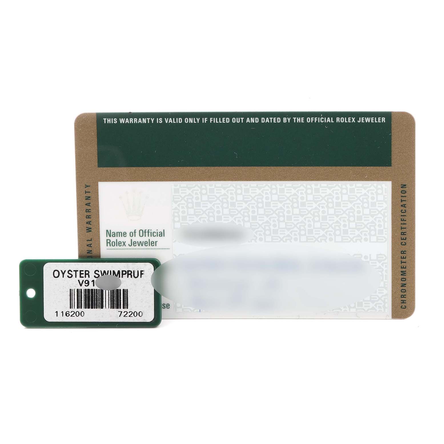 The image shows a Rolex Datejust 116200 Men's Stainless Steel White Dial 116200 Men's Stainless Steel White Dial warranty card and a green Oyster Swimpruf hangtag.