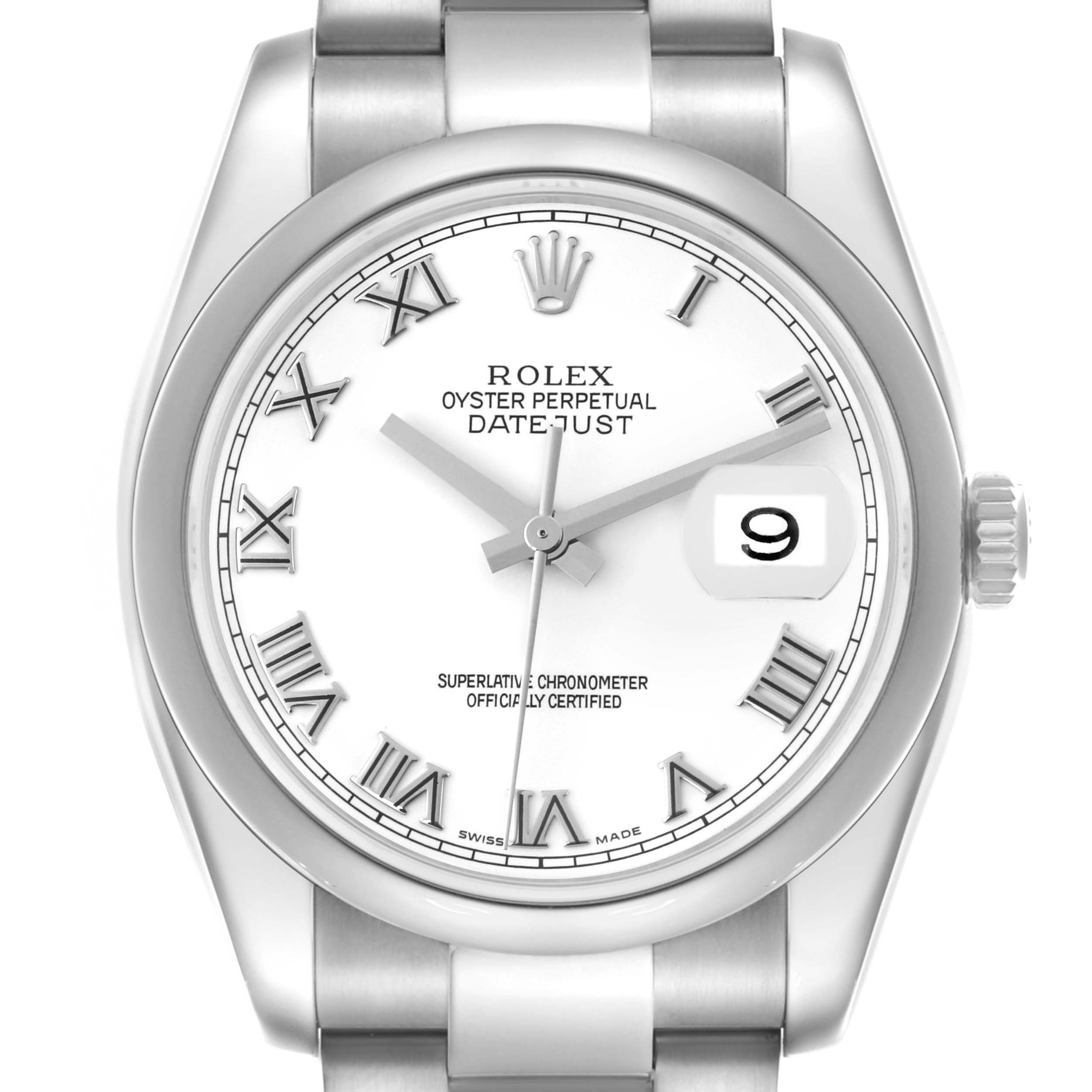 The Rolex Datejust 116200 Men's Stainless Steel White Dial 116200 Men's Stainless Steel White Dial watch is shown straight on, displaying the dial, bezel, and part of the bracelet.