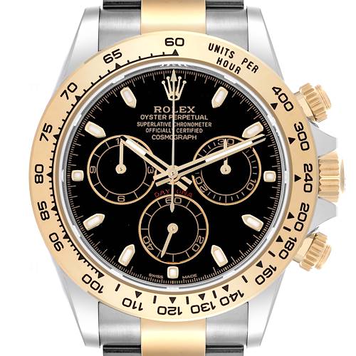 The Rolex Daytona watch is shown from the front, displaying the dial, bezel, crown, and pushers.