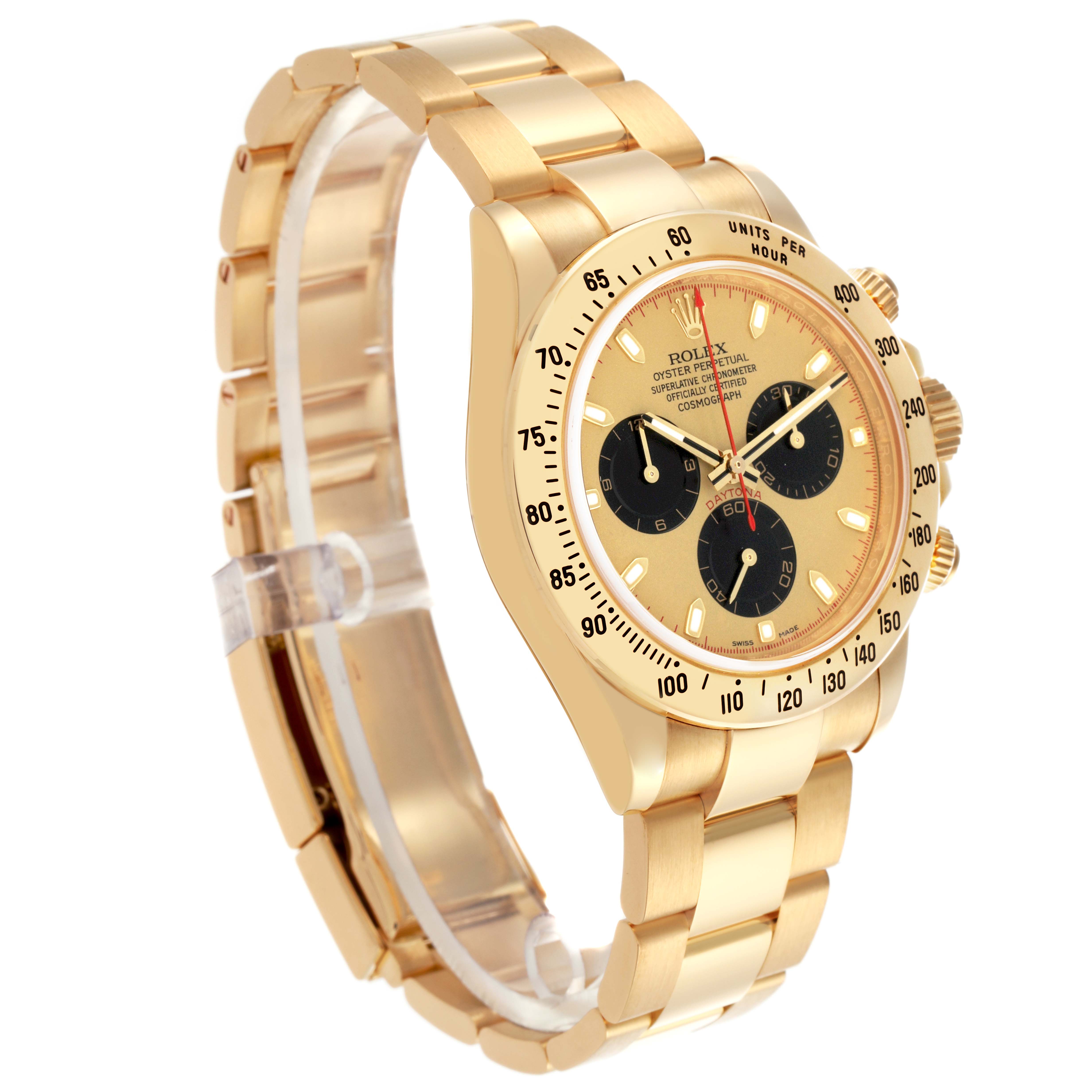 The Rolex Daytona 116528 Men's Yellow Gold Champagne Dial 116528 Men's Yellow Gold Champagne Dial watch is shown at a three-quarter angle, displaying the dial, bezel, pushers, and bracelet.