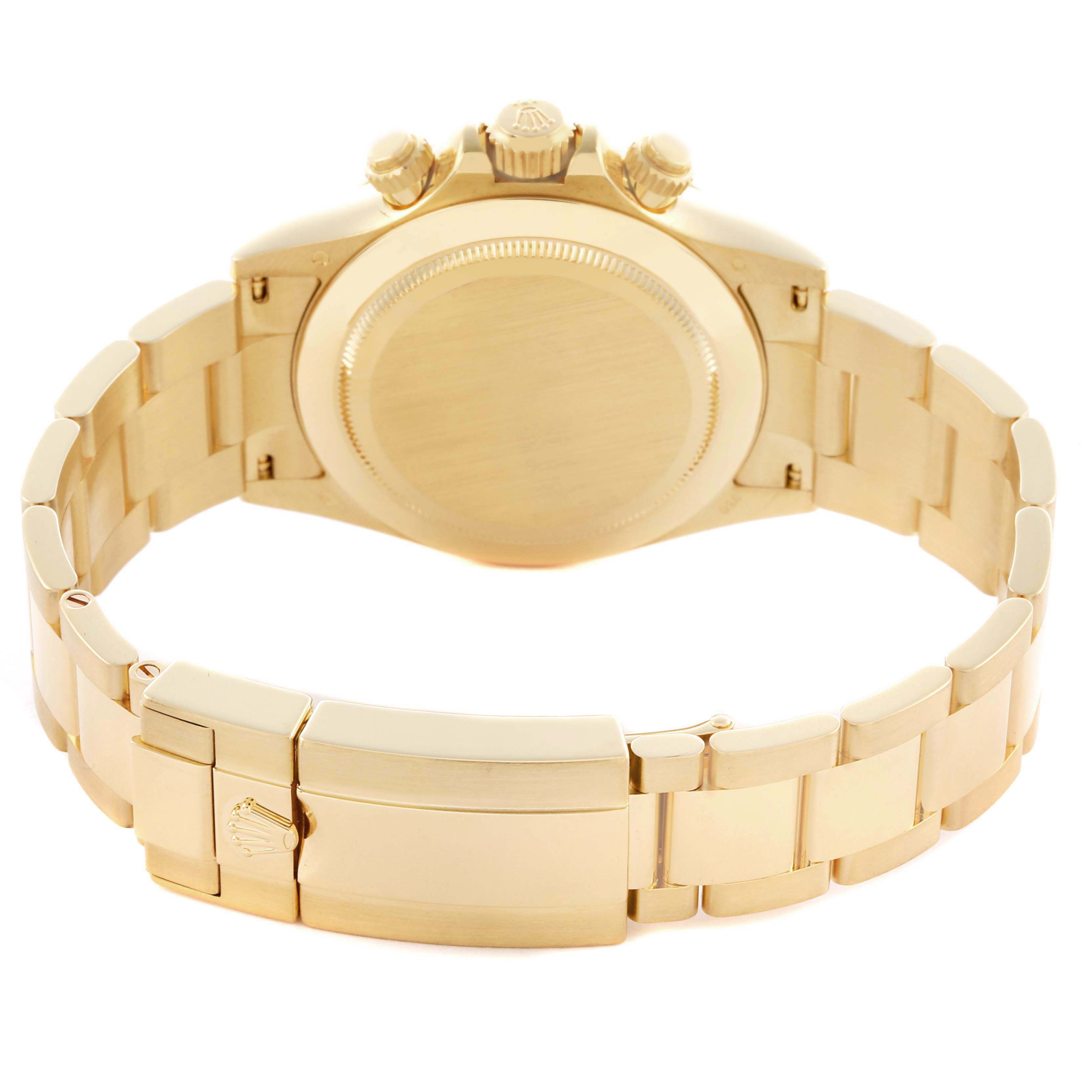 The image shows the back and bracelet of a Rolex Daytona 116528 Men's Yellow Gold Champagne Dial 116528 Men's Yellow Gold Champagne Dial watch, highlighting the case back and clasp.