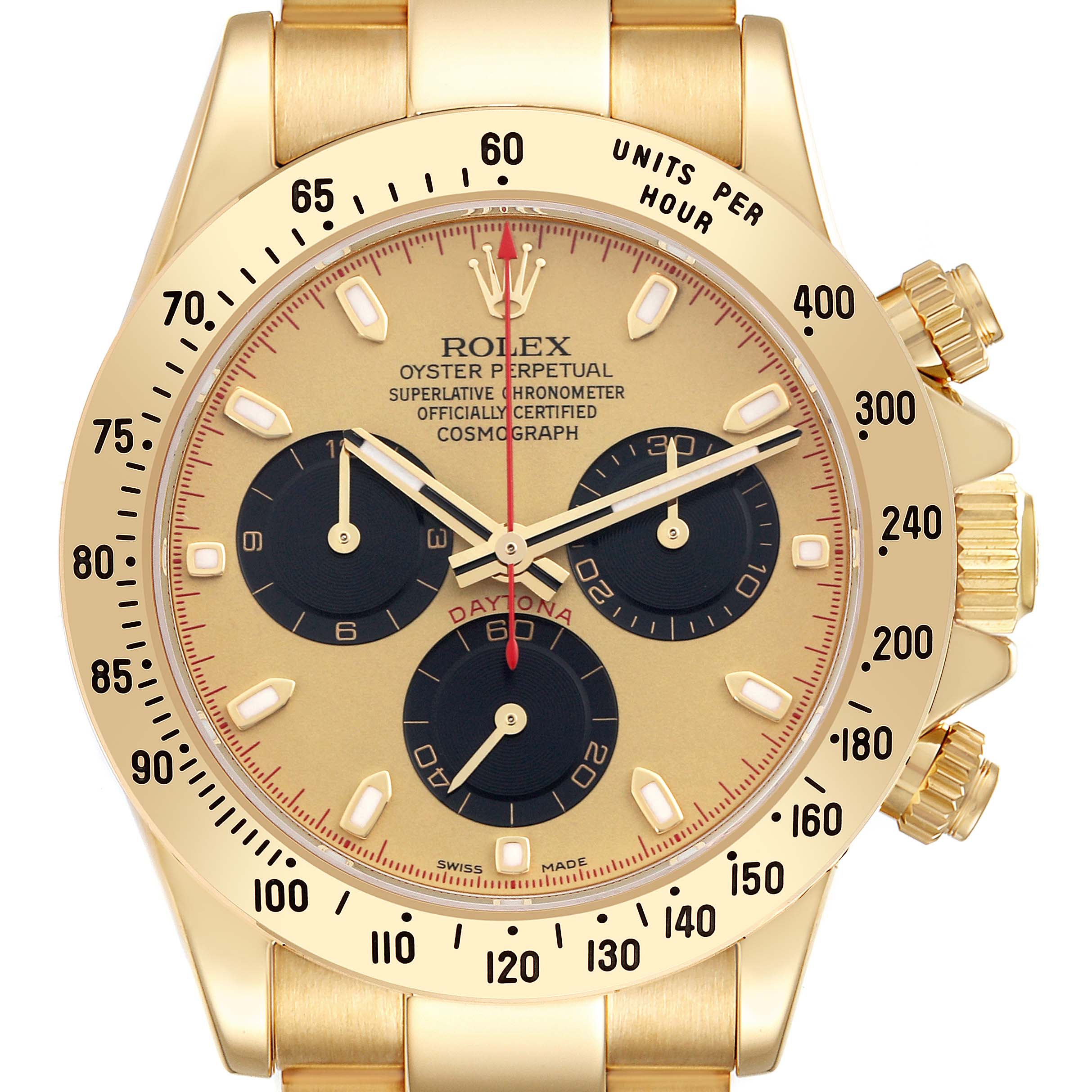The image shows a front view of the Rolex Daytona 116528 Men's Yellow Gold Champagne Dial 116528 Men's Yellow Gold Champagne Dial watch, highlighting the dial, bezel, and pushers.