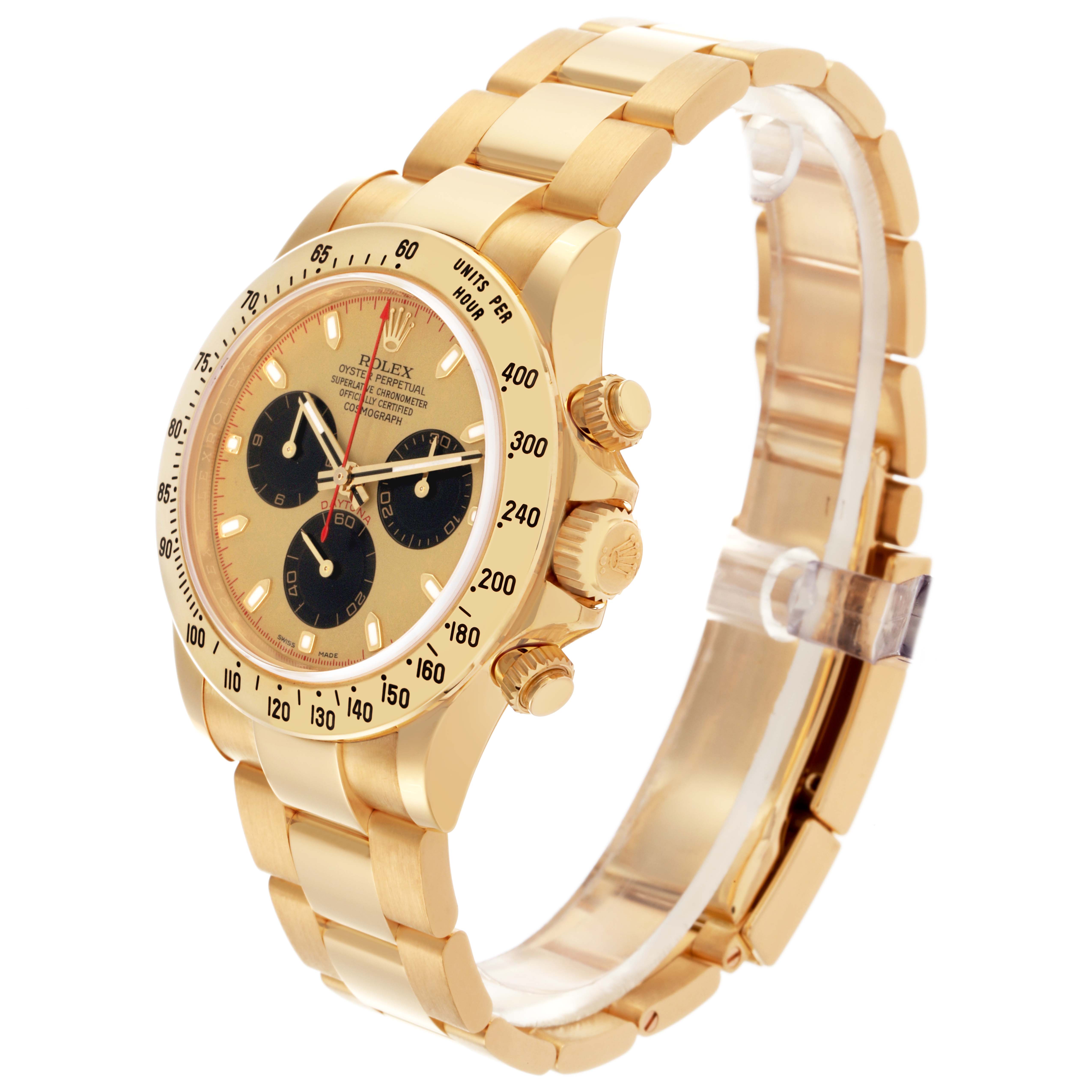 The Rolex Daytona 116528 Men's Yellow Gold Champagne Dial 116528 Men's Yellow Gold Champagne Dial is shown at a three-quarter angle displaying the bracelet, case, bezel, and crown.