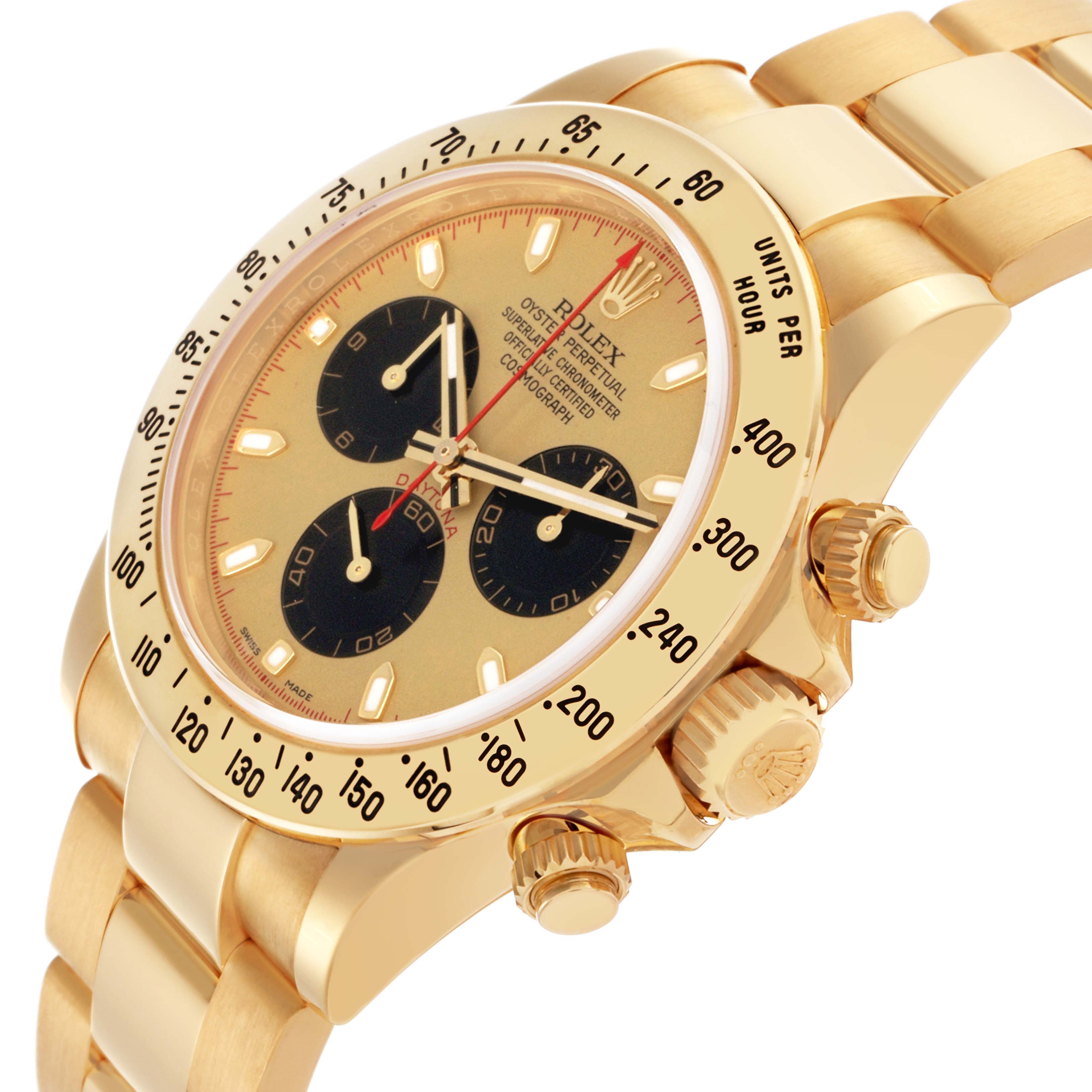 The Rolex Daytona 116528 Men's Yellow Gold Champagne Dial 116528 Men's Yellow Gold Champagne Dial watch is shown at an angled view, displaying its gold case, bezel, and bracelet, along with the crown and pushers.