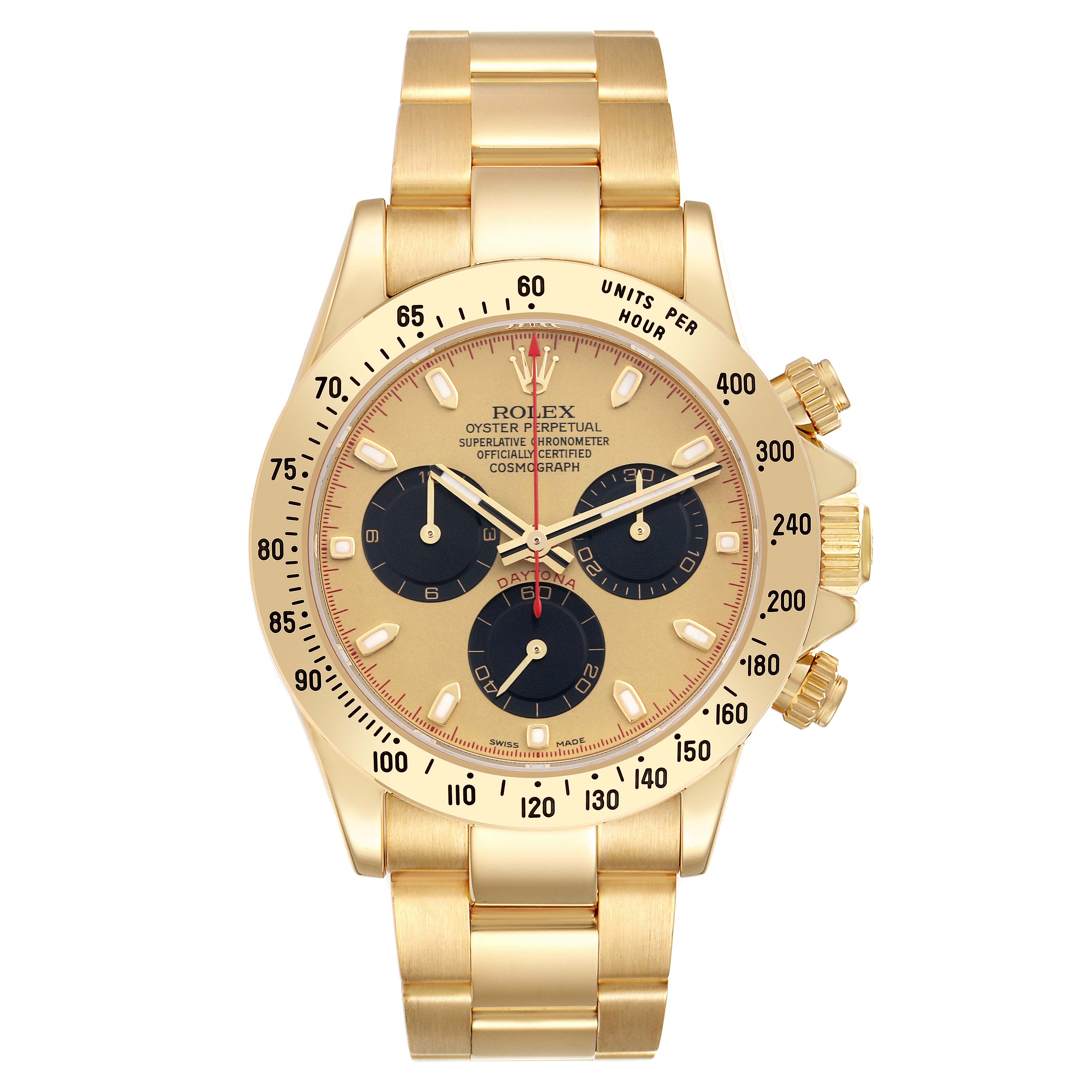 The Rolex Daytona 116528 Men's Yellow Gold Champagne Dial 116528 Men's Yellow Gold Champagne Dial watch is shown from the front, displaying its gold case, bezel, dial, bracelet, and subdials.